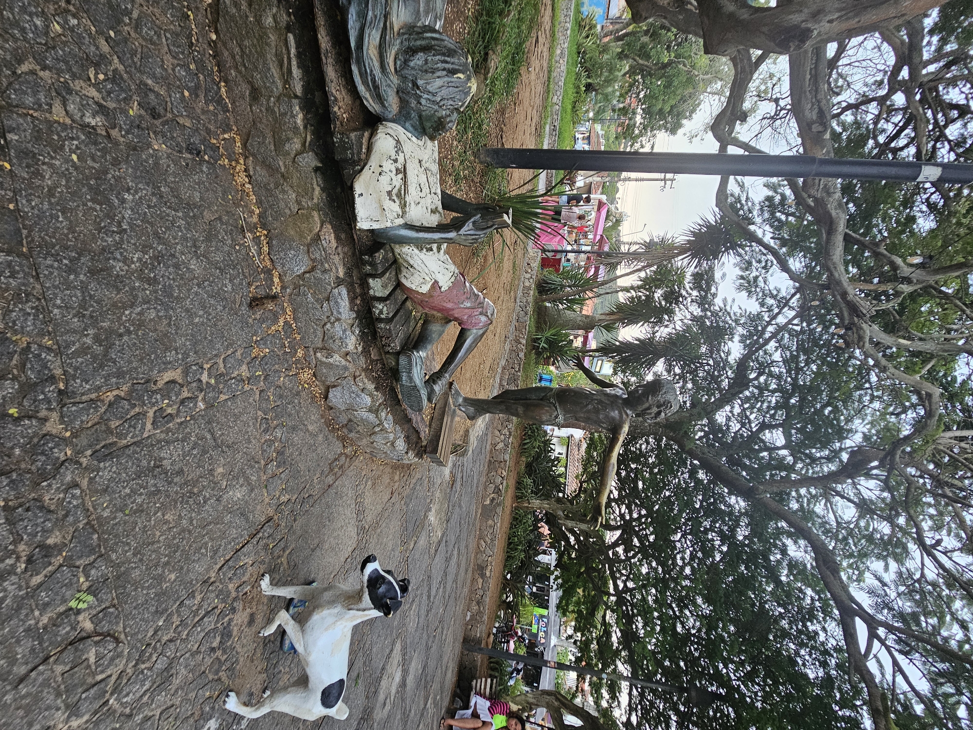 The image shows a public square in Armação dos Búzios, Brazil, with three bronze statues and a dog. One statue depicts a boy sitting on a bench reading, while another, positioned further away, is of a figure standing with outstretched arms. A third statue of a dog is on the ground. The ground is paved with stone. Lush trees and vegetation surround the statues. A streetlight is next to the statues. In the background, there is a view of a street with buildings and people.
