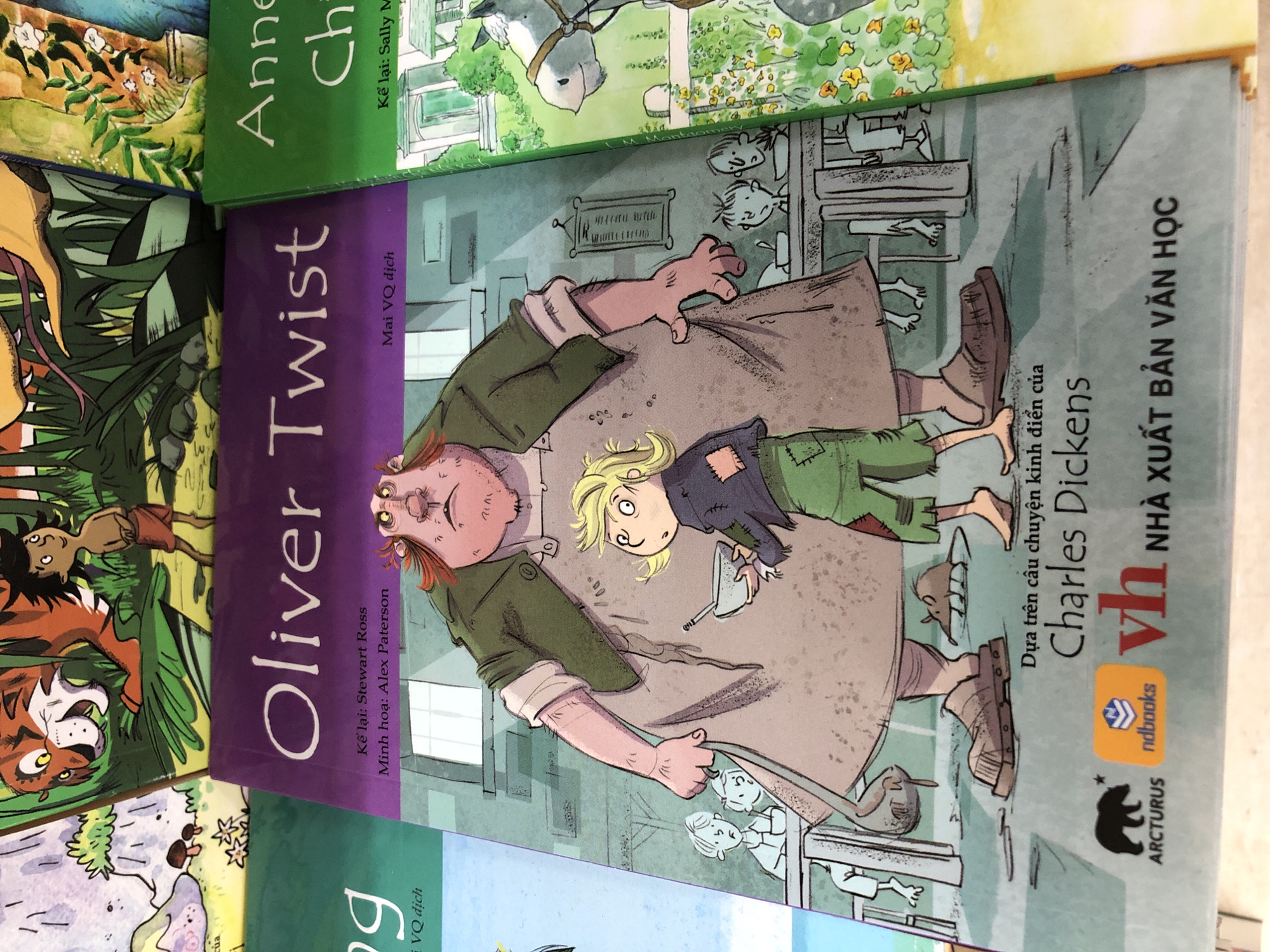 The image displays the covers of several books, arranged overlapping each other. The most prominent book, in the center, is titled "Oliver Twist" in large white letters against a purple background. Below the title, it reads "Kể lại: Stewart Ross" and "Minh họa: Alex Paterson," with "Mai VQ dịch" to the right. The illustration on this book cover depicts a large, disheveled man with a ruddy complexion and ginger hair, wearing a green jacket over a grey apron. He is shown holding a ladle and standing next to a small, blonde-haired child in ragged clothes. In the background, other children and a rat are visible. At the bottom of this book cover are logos for ARCTURUS, ndbooks, and VH NHÀ XUẤT BẢN VĂN HỌC.
To the left of "Oliver Twist," a portion of another book cover is visible with green and blue colors, and a large "g" on the left edge.
To the right of "Oliver Twist," a green book cover is visible with partial text that appears to be "Anne" and "Ch" at the top, and "Kể lại: Sally M" below. An illustration of a white horse in a garden is also visible on this cover.
The overall scene suggests a display of books, possibly in a bookstore or library, although no specific elements within the image confirm its location in Da Nang, Vietnam. The lighting suggests an indoor environment with natural light coming from the top.