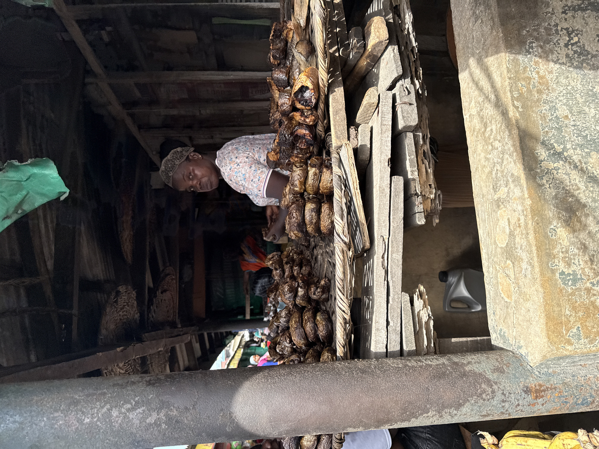 The image shows a woman standing inside what appears to be a small stall or shop in Lekki, Nigeria. The woman is middle-aged, wearing a head covering and a patterned shirt. She is positioned behind strings of dried, smoked fish or seafood. The stall is constructed from rough-hewn wood and corrugated metal. In the background, a glimpse of a busy street scene with other people and stalls is visible. A grey plastic jug is visible through the wood of the stall. The lighting is uneven, with areas of bright sunlight and deep shadow.