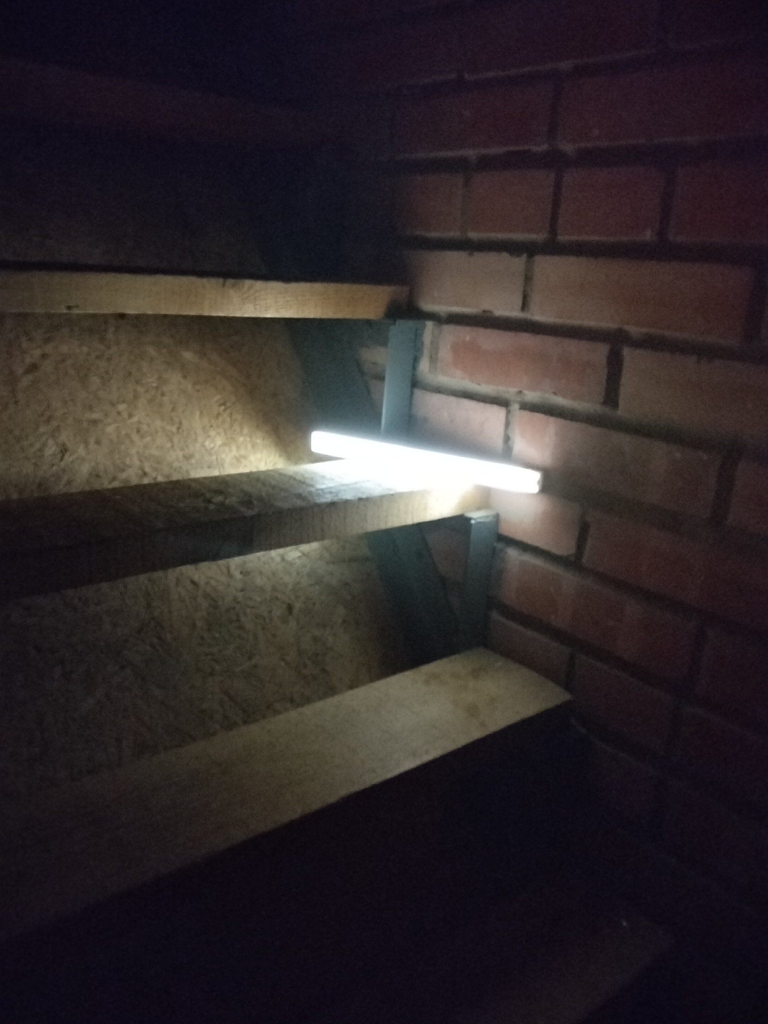 The image shows a dimly lit, indoor staircase with brick walls and wooden steps. A fluorescent light fixture is mounted on the wall, illuminating part of the stairs. The stairs appear to be unfinished or made of plywood. The scene is devoid of people or any specific identifying features that would allow for a precise location within Nizhnedonskoy, Russia. The overall impression is of a utilitarian or storage space.