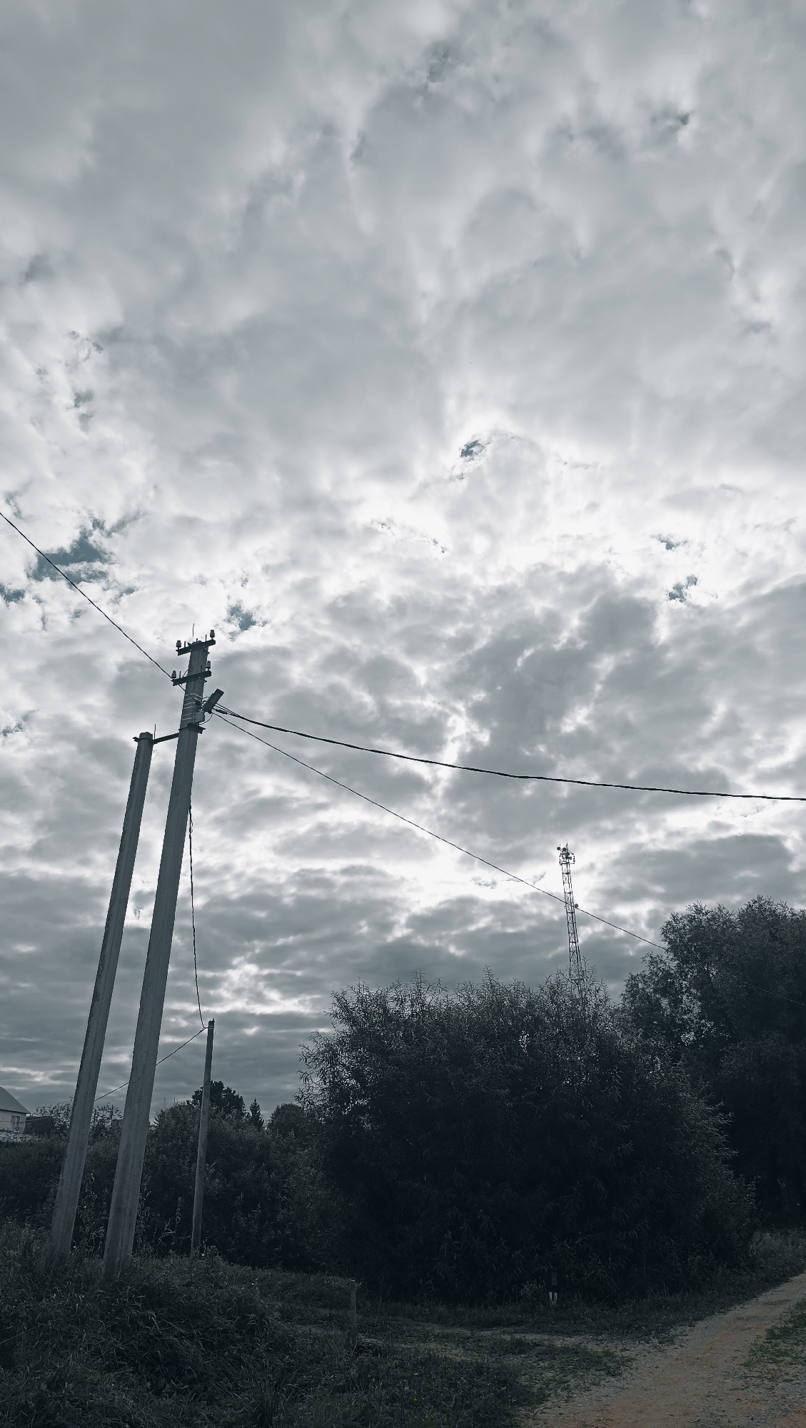 The image depicts an outdoor scene with a cloudy sky. In the foreground, there are two large concrete utility poles, one of which has electrical wires attached. To the right of the poles, a dense cluster of trees and bushes forms a dark mass. Further in the background, a thin, tall communication tower is visible rising above the trees. A dirt path is visible in the lower right portion of the image. The location is identified as Karsha, Russia. There are no people or animals visible in the image.