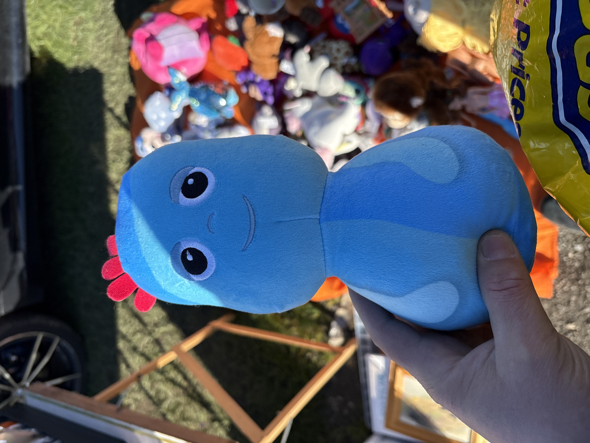 The image shows a hand holding a blue plush toy with a red tuft of hair, depicting a character from the children's TV show "In the Night Garden." The toy is held against a background of a collection of other plush toys on a table. Below the hand, elements of what appears to be a market stall are visible, including wooden frames and possibly the edge of a vehicle tire. The photo was taken in Chirk, United Kingdom.