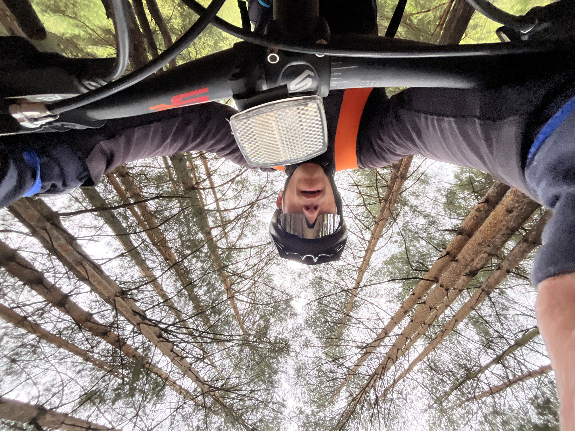A low-angle, inverted view from the perspective of a cyclist, possibly in a forest near Chaikovsky, Russia. The rider, wearing a helmet and mirrored sunglasses, is positioned below the bicycle's handlebars, which feature a white reflector. The cyclist is wearing a dark gray long-sleeved shirt with an orange stripe. Above the rider, tall, bare trees reach toward a cloudy or overcast sky, their branches creating a network of lines. The picture captures a dynamic, unusual angle during a possible outdoor cycling activity.
