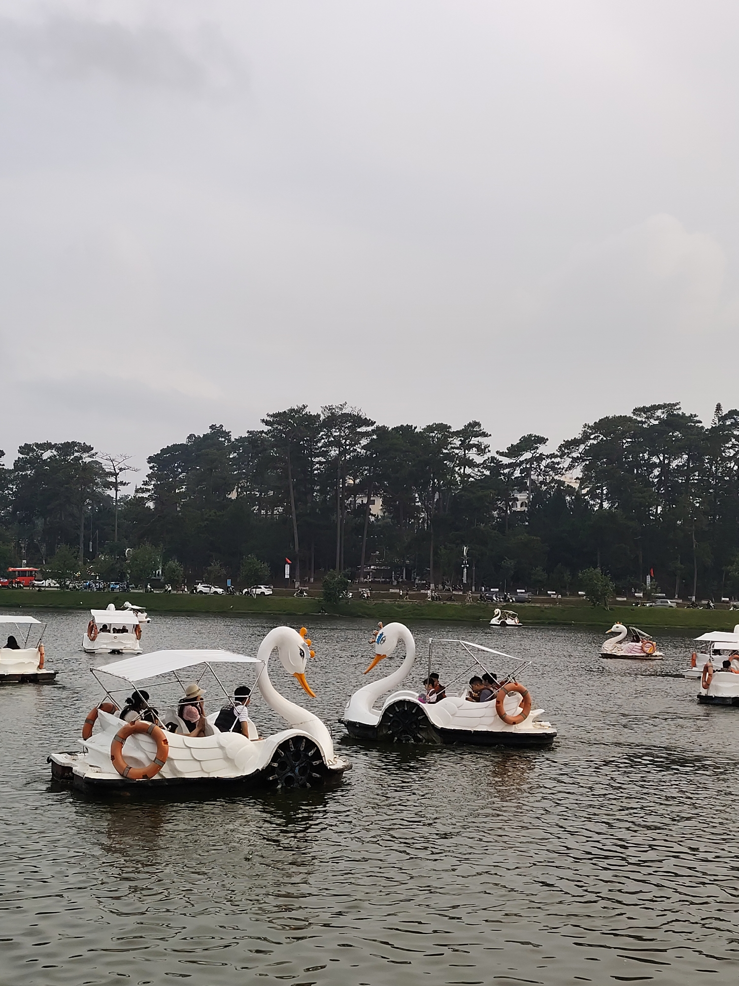 The image shows several swan-shaped paddle boats on a lake, likely Xuan Huong Lake in Da Lat, Vietnam. Two boats are prominent in the foreground. Both are white with orange life preservers attached. One boat has a white canopy and contains four people. The other boat has two people. In the background, there are more swan-shaped paddle boats and other boats. Trees line the edge of the lake in the background. Cars and people are visible on the shore. The sky is overcast.