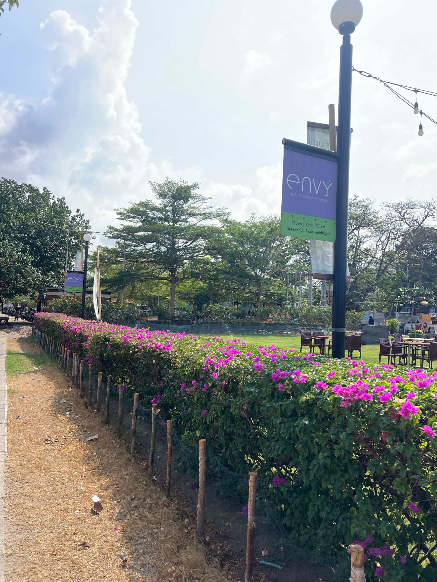 A wide-angle shot captures a sunny outdoor scene with a row of vibrant pink bougainvillea flowers bordering a grassy area. A lamppost with an "Envy" sign advertising "grills, cocktails, sunsets" and operating hours is prominent. Several outdoor tables and chairs are arranged on the lawn, suggesting a restaurant or cafe setting. In the background, lush green trees and foliage create a natural backdrop. The pathway in the foreground is covered with dry leaves and small wooden posts. A few individuals are visible on the left side of the image, near what appears to be a parking area with motorcycles. The sky is partly cloudy, with large white clouds dominating the upper portion of the frame. The scene is likely located in Kuta, Indonesia, given the tropical vegetation and outdoor dining setup.