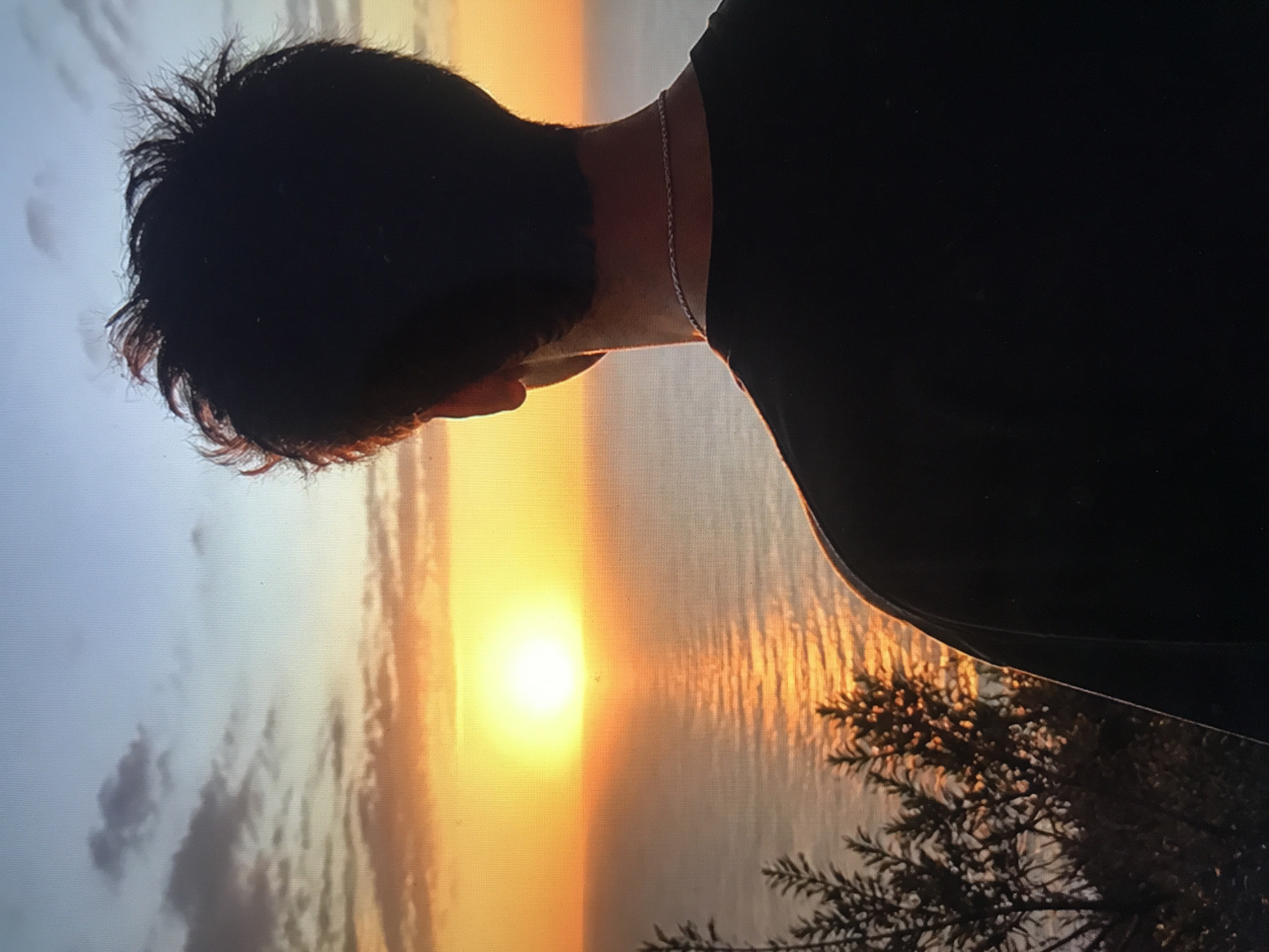 A person wearing a dark shirt and a silver chain around their neck stands facing a sunset over the water. The location is in Donji Pobori, Montenegro. A tree is visible in the bottom right corner of the frame.