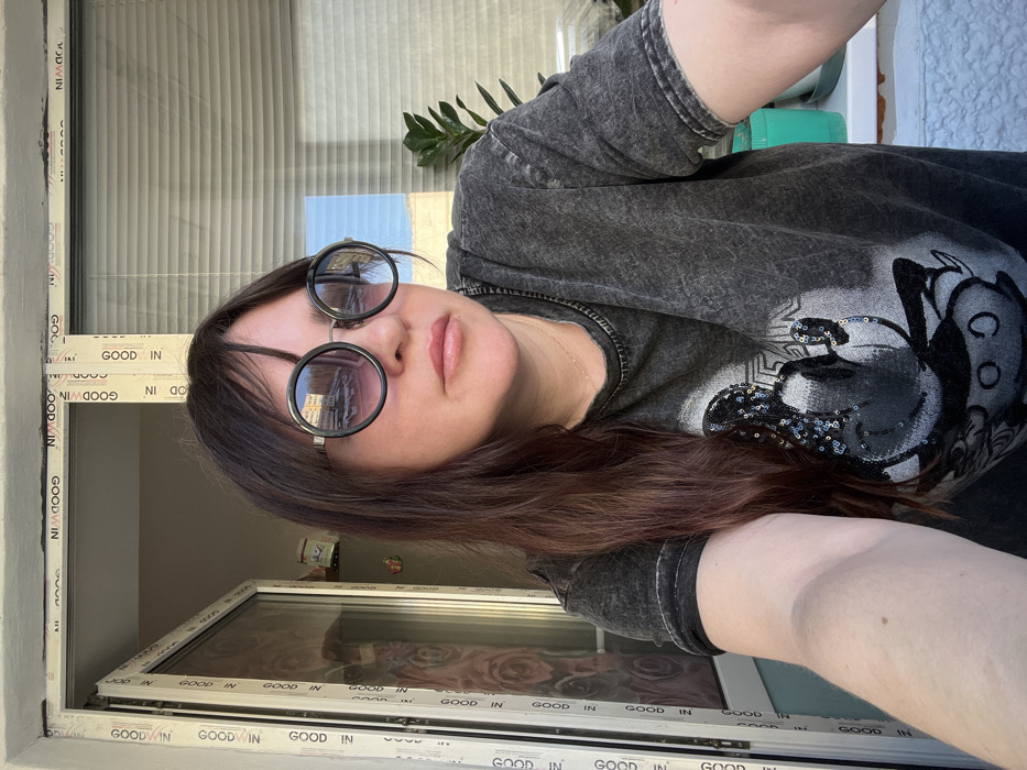 A female subject is depicted in a selfie, taken indoors in the city of Noviy, Russia. She has long, dark brown hair and wears large, round-framed sunglasses with dark, reflective lenses that show a reflection of multi-story residential buildings. Her lips are visible and appear to have a light pink tint. She is dressed in a dark gray, washed-out short-sleeved t-shirt featuring a sequined design of a character, likely Mickey Mouse, on the front. A thin chain necklace is visible around her neck.
To the subject's left and behind her, a white PVC-framed window or balcony door is visible, with one panel ajar and opening inwards. The frame of this door/window prominently displays the repeated text "GOODWIN IN." A patterned object, possibly a curtain or wallpaper, is reflected in the glass of the open panel. To the subject's right, horizontal window blinds are partially visible. A potted plant with dark green leaves is situated on a white surface, next to a lighter green container, further to the right. The scene is illuminated by natural daylight entering from the outside.