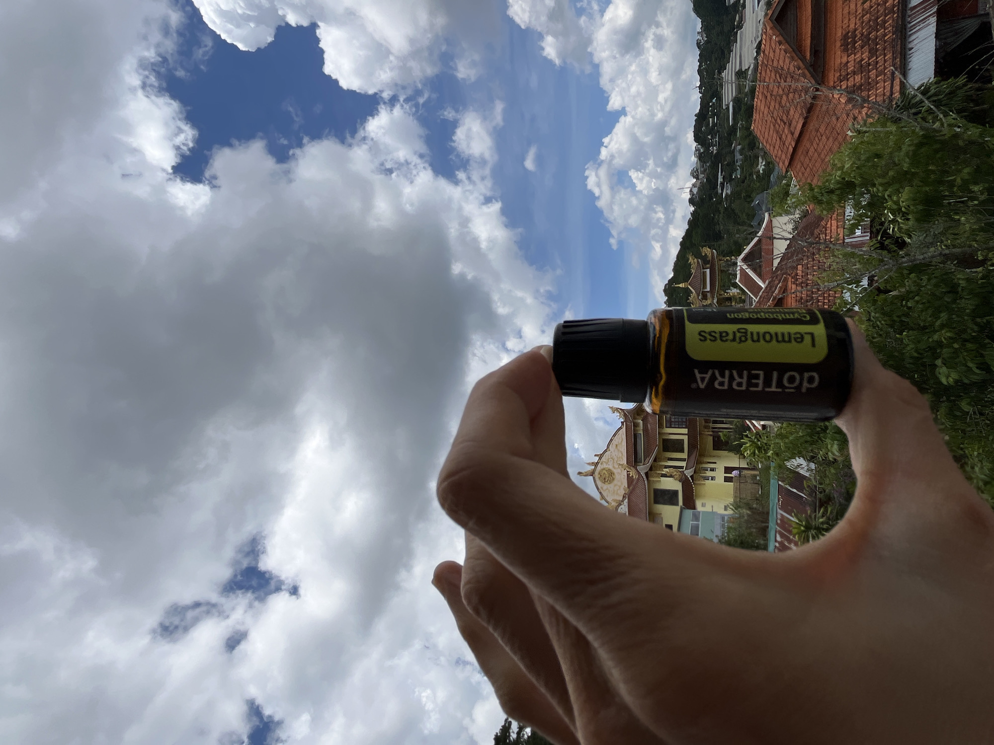 A hand holds a small amber bottle of doTERRA Lemongrass essential oil in front of a cloudy sky. The bottle has a black cap and a green and yellow label that reads "dōTERRA Lemongrass Cymbopogon." In the background, a yellow building with an ornate golden roof and red-tiled roofs of other structures are visible, situated on a hillside. The scene appears to be the city of Xuân Thành, Vietnam, characterized by its distinctive architecture and lush greenery.