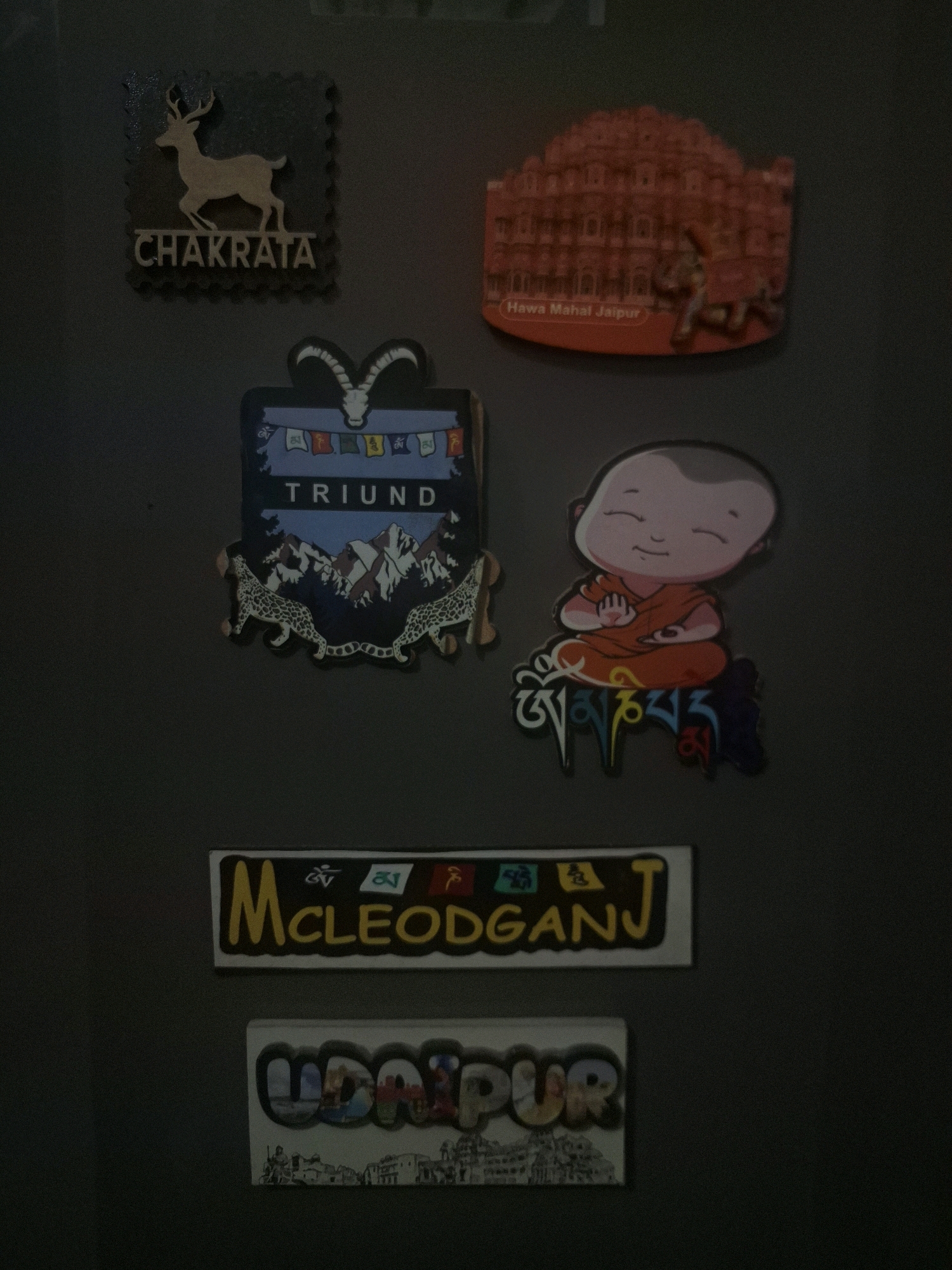 The image shows a collection of refrigerator magnets on a dark surface. Starting from the top left, there is a magnet with a silhouette of a deer and the word "CHAKRATA". To its right, there is a red magnet depicting Hawa Mahal Jaipur. Below these, a magnet shows mountains and the word "TRIUND". To the right of the "TRIUND" magnet is a magnet of a meditating monk with Tibetan Buddhist symbols. Below the monk and "TRIUND" magnets, there is a magnet with the text "MCLEODGANJ" and Tibetan Buddhist symbols. At the bottom, there is a magnet with the word "UDAIPUR" and an illustration of a city. The overall lighting is dim, suggesting the photo was taken in low light conditions. The location in Yamunanagar, India, is not depicted or implied by the image.