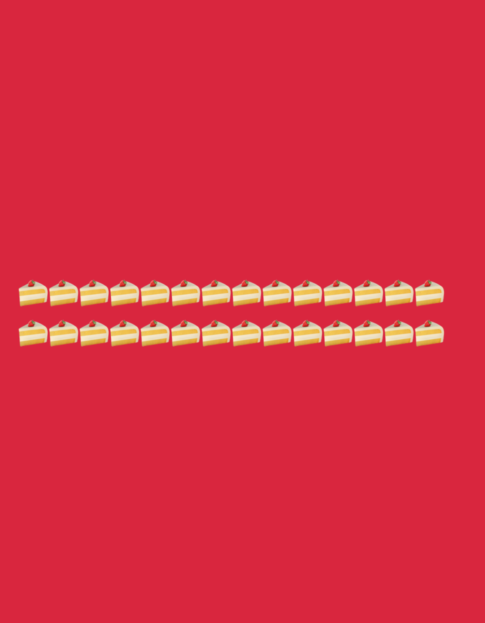 A red background features two rows of yellow cake slices, each topped with a single red berry. The slices are arranged in a neat, grid-like pattern, with each row containing several cake slices. There is no indication of any specific location in Minsk, Belarus, or any other city.