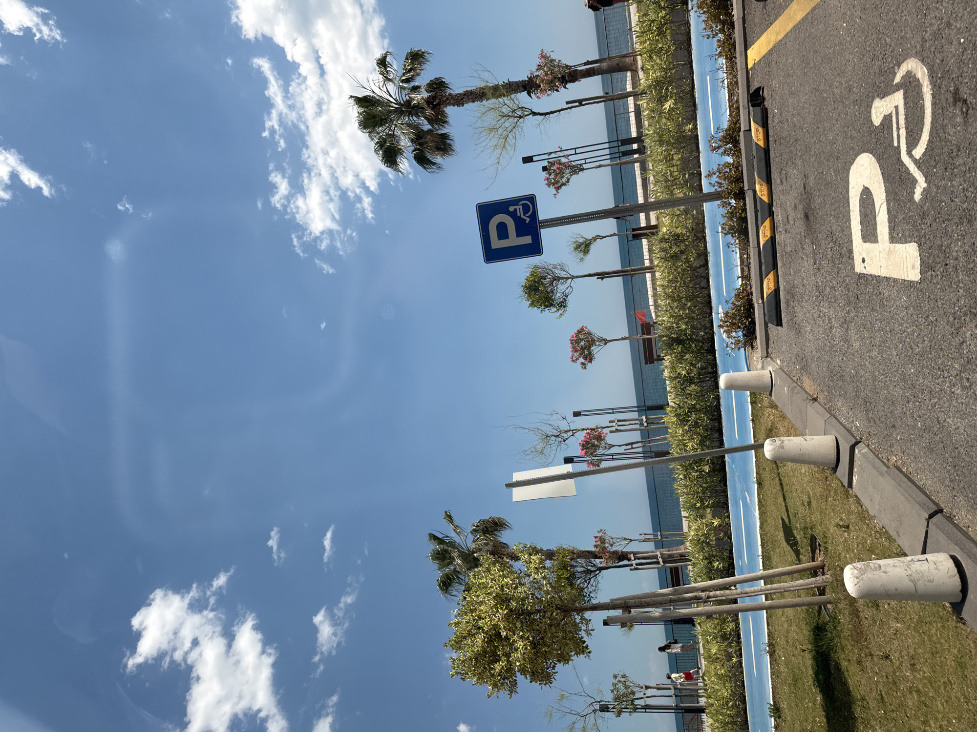 The image captures a sunny outdoor scene in Konyaaltı, Turkey, featuring a parking area designated for disabled persons. A blue sign with a white "P" and wheelchair icon is visible next to the parking spot. A portion of a paved road with a corresponding white "P" and wheelchair symbol painted on it is evident, bordered by a black and yellow striped curb.
Parallel to the parking area, a walkway or bike lane painted in blue separates the road from a strip of greenery featuring small trees and bushes. Beyond this greenery, there is a glimpse of the sea or ocean. In the background, more trees, including palm trees, are visible, with benches and people along the coastline. The sky is blue with scattered white clouds, indicating a clear and sunny day.