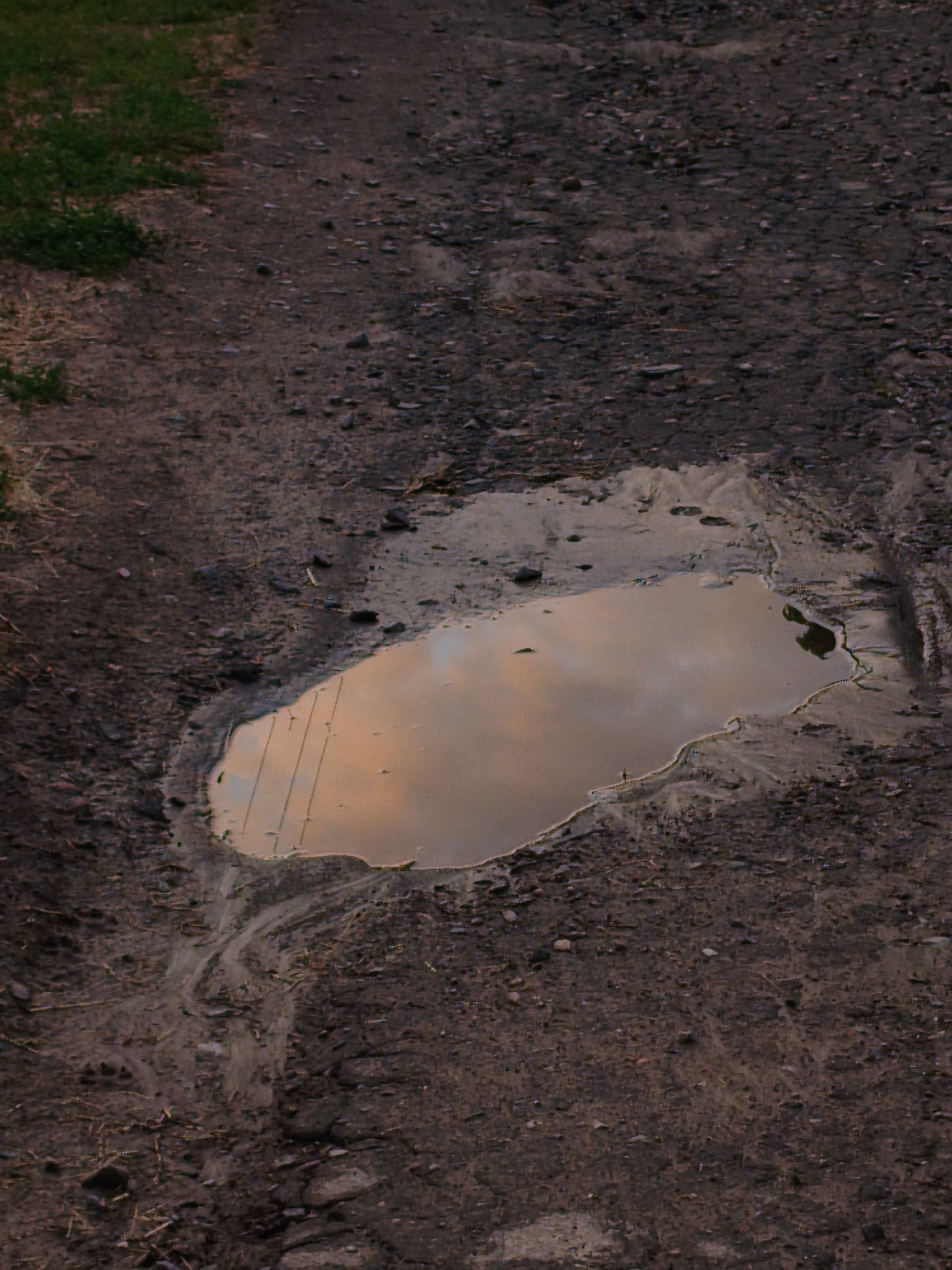 The image shows a close-up, high-angle view of a puddle of muddy water on a dirt or gravel surface. The puddle is irregularly shaped and reflects the sky, which appears to be overcast with warm-toned clouds. Three parallel lines, possibly from overhead wires or a fence, are visible in the reflection. The surrounding ground is a mix of dark soil, small stones, and some sparse vegetation on the left side. There are no people or animals visible in the image. The scene is likely an outdoor area in the city of Ustyvytsia, Ukraine, given the context, though the specific location within the city cannot be determined from the image alone. The lighting suggests it may be late afternoon or early evening.