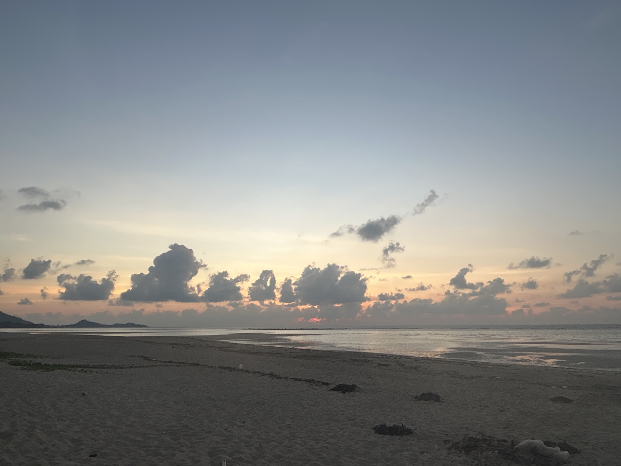 A wide-angle landscape photograph captures a serene coastal scene at either sunrise or sunset in Baan Harn, Thailand. The expansive sky dominates the upper portion of the image, displaying a gentle gradient from a light blue at the top to soft yellow, orange, and pink hues along the horizon, indicating the soft light of dawn or dusk.
Scattered cumulus clouds are prominent, particularly along the horizon. These clouds vary in density and color, with some appearing dark and silhouetted against the lighter sky, while others glow with the warm, subtle light filtering through. The sun itself is not directly visible but its warm glow emanates from behind a cluster of clouds near the center-right of the horizon.
Below the sky, the calm ocean stretches across the midground. The water appears shallow, with broad, flat sandy areas exposed, suggesting a low tide. These wet sand flats reflect the sky's soft colors, creating a smooth, reflective surface.
The foreground is comprised of a wide, dark sandy beach, which appears damp in many areas. Sparse patches of vegetation or debris are scattered across the sand, adding minor textural details. In the far distance on the left side of the horizon, a dark silhouette of mountains or a landmass is visible, adding depth to the panoramic view.
The scene conveys a peaceful and undisturbed natural environment. There is no visible activity or explicit events taking place, and no people or visible text are present. The overall impression is one of quietude and natural beauty.