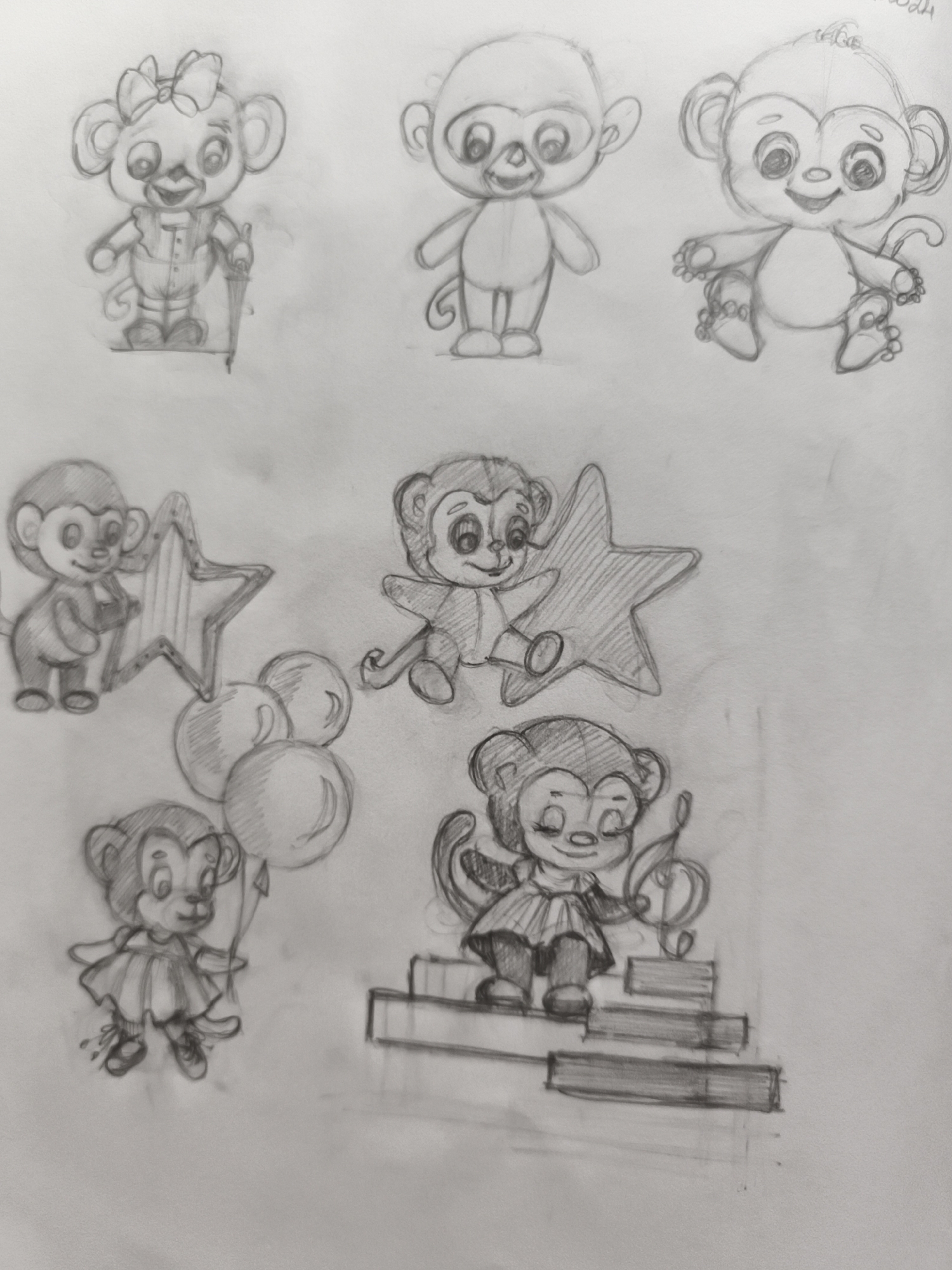 The image is a pencil sketch of seven cartoon-style monkeys. The monkeys are depicted in various poses and with different accessories. One monkey on the top left wears overalls and holds a small umbrella. To its right, another monkey stands with its arms extended. The third monkey from the left on the top row is seated with its legs bent. In the middle row, a monkey on the left is shown holding a star. Another monkey in the middle is also interacting with a star. On the bottom row, a monkey on the left holds balloons and wears a dress. The final monkey on the right is on a tiered platform, holding a musical treble clef. The background is a plain white surface, suggesting a sketchbook page. There is no indication of a specific location in the city of Saint-Denis, France, as the image is an artistic rendering and lacks any geographical markers.