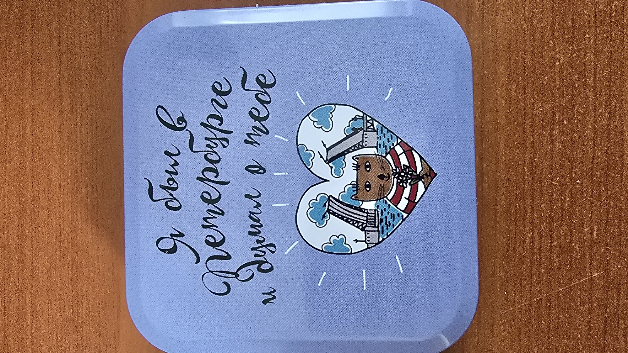 A light purple square tin with rounded corners features a hand-drawn image. The image depicts a heart shape containing a scene of St. Petersburg, Russia, with a cat at the center. The text above the heart reads, "I was in St. Petersburg and thought of you." The scene within the heart includes a bridge, water, and clouds, with a brown cat wearing a striped shirt holding a bouquet of flowers. The tin rests on a wooden surface. The text appears to be in Russian.