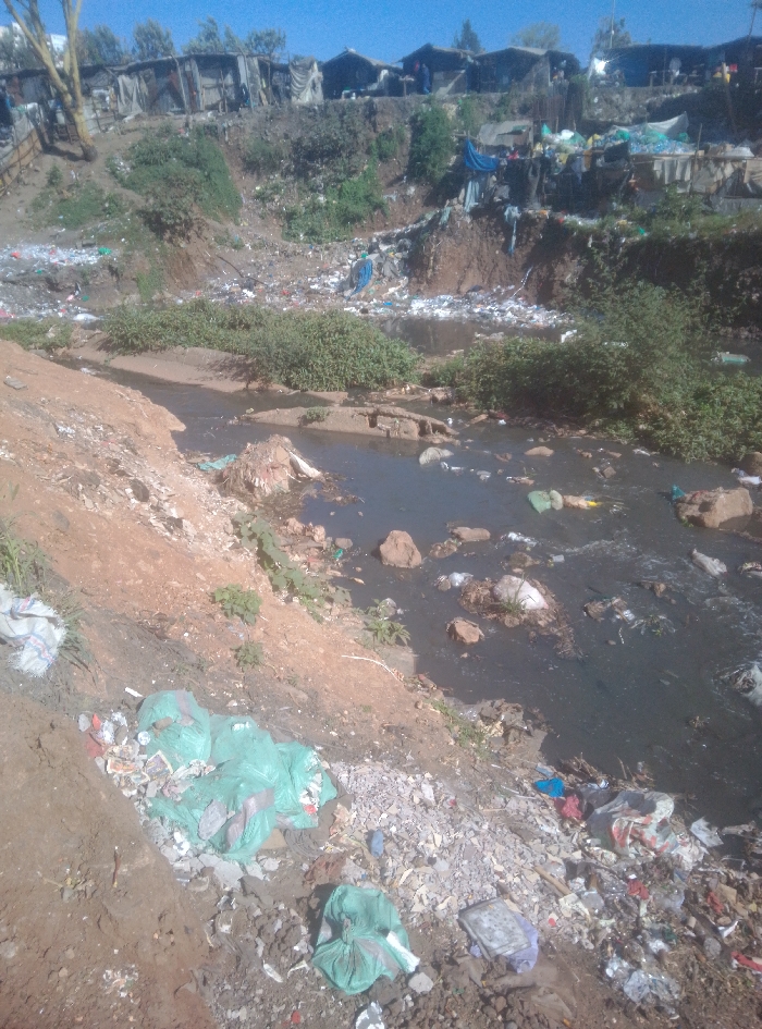The image displays a valley with a dark, narrow river or stream flowing through an informal settlement in Nairobi, Kenya. The water is heavily contaminated with visible solid waste, including numerous plastic bags, fabric scraps, and various debris, some partially submerged among rocks. The riverbanks are steep, eroded, and composed of reddish-brown soil, densely covered with accumulated refuse. In the foreground, several light green plastic bags filled with garbage, alongside other scattered debris, rest on the immediate bank. The background reveals a steep hillside ascending from the river, acting as a significant dumpsite covered with extensive layers of trash. Perched atop this hill is a dense array of makeshift structures, identified as shanties constructed from corrugated metal sheets and other scavenged materials. The sky is clear and blue. No individuals are present within the scene.