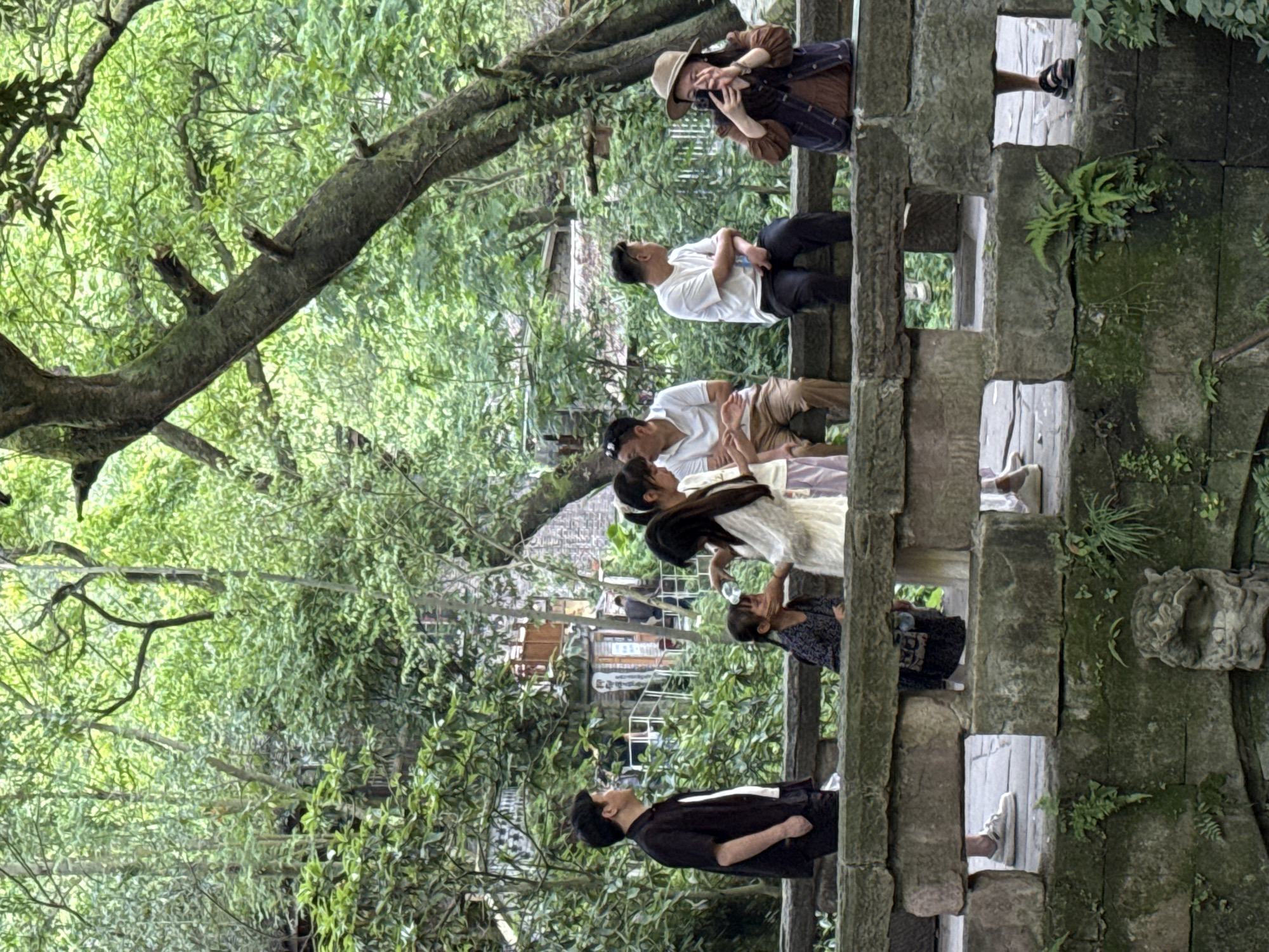 The image depicts a group of people gathered on a stone structure amidst lush greenery. Located in Beibei, China, the scene appears to be set in a park or garden area. The stone structure is composed of rectangular stones. The people are of varying ages, and they are involved in different activities. One person is taking pictures with their phone. Others are sitting, standing, or interacting with each other. Some of the vegetation is growing on the stone structure itself.