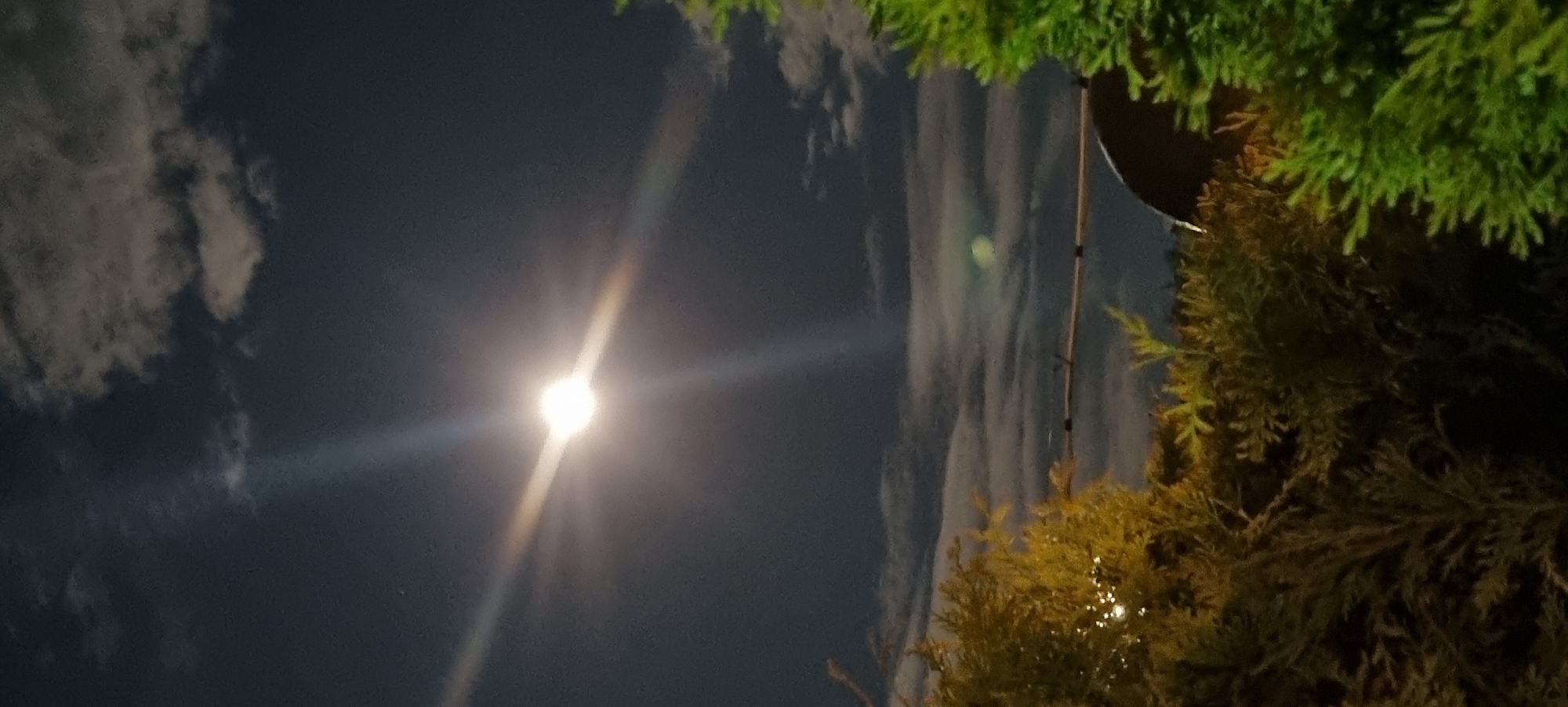 The image depicts a night scene, likely in Lom, Bulgaria. The sky is a dark blue, punctuated by a bright light source, possibly the moon, emitting strong rays. Streaky clouds are visible. The right side of the image features greenery, likely shrubs or trees, with varying shades of green and brown. A metallic object, potentially part of a light fixture, is partially visible above the greenery. A wire or thin pole extends vertically through the scene near the greenery. No people are visible.