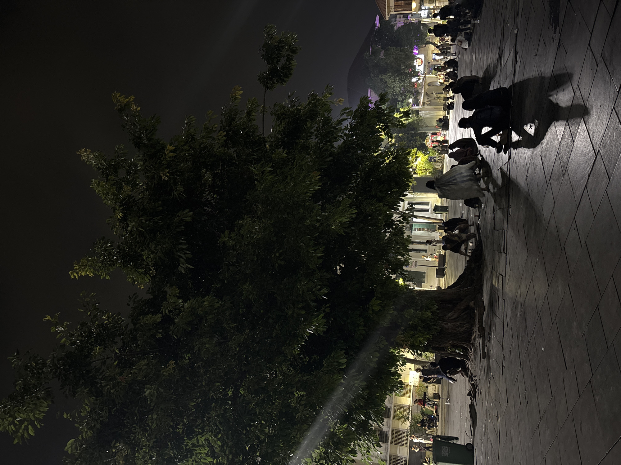 This image captures a nighttime scene at Fatahillah Square in the Old Town of West Jakarta, Indonesia. A large tree dominates the foreground, its dense foliage silhouetted against the dark sky. Several people are seated on the paved ground around the base of the tree, some in small groups, others individually. Their shadows are cast long and distorted across the stone pavement by the ambient light. In the background, buildings with illuminated windows and streetlights are visible, hinting at the urban environment. A few people are also seen standing or walking in the mid-ground and further back, contributing to the impression of a public gathering space. The overall atmosphere is one of quiet evening activity within a historic urban square.