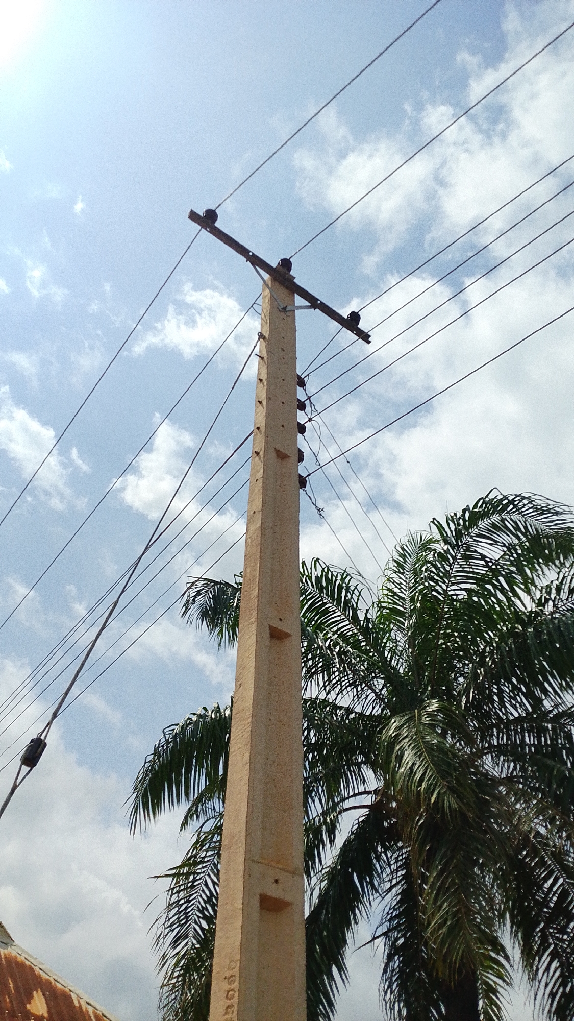 The image depicts a concrete utility pole against a bright, cloudy sky. Multiple power lines extend horizontally across the frame from the pole. To the right of the pole, lush green palm fronds are visible, suggesting a tropical or subtropical environment. In the lower left corner, a rusty, corrugated metal surface, possibly part of a roof, is partially visible. The sun appears to be out, indicated by the bright sky, although some clouds are present, suggesting it could be late morning or early afternoon. The scene is outdoors and appears to be in a developed area where electricity infrastructure is in place. There is no visible text in the image.