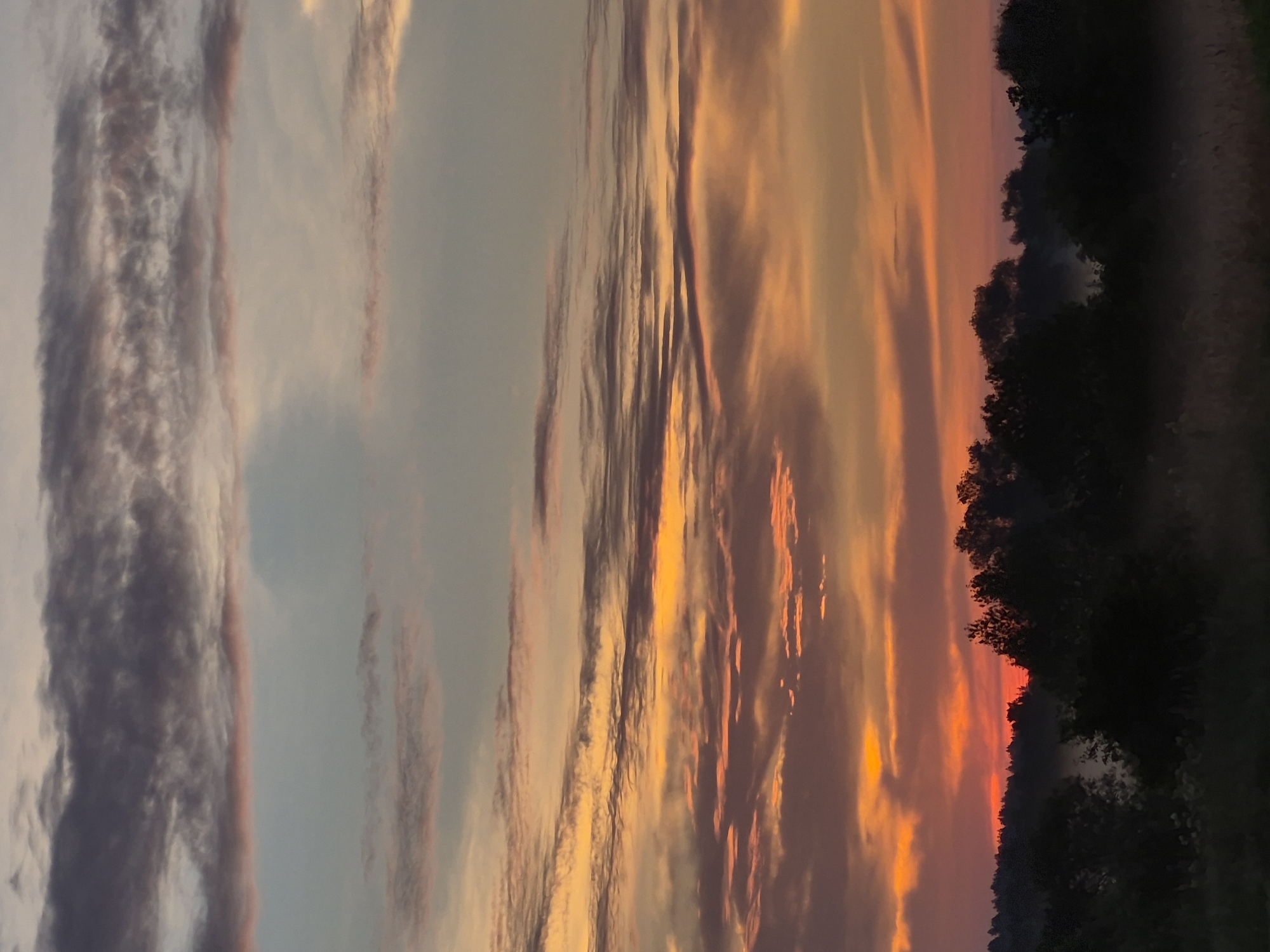 The image shows a vibrant sunset over a rural landscape. The sky is a canvas of oranges, pinks, and purples, with layers of clouds creating a dramatic effect. Below the sky, a dark silhouette of trees forms the horizon line. The trees are dense and appear to be part of a forest. In the foreground, the land is covered in a subtle mist, adding an ethereal quality to the scene. The overall impression is one of natural beauty and tranquility. This scene is likely located in the outskirts of Sooblase, Estonia, given the typical rural scenery and the time of day associated with such sunsets. There are no people or man-made structures visible in the image.