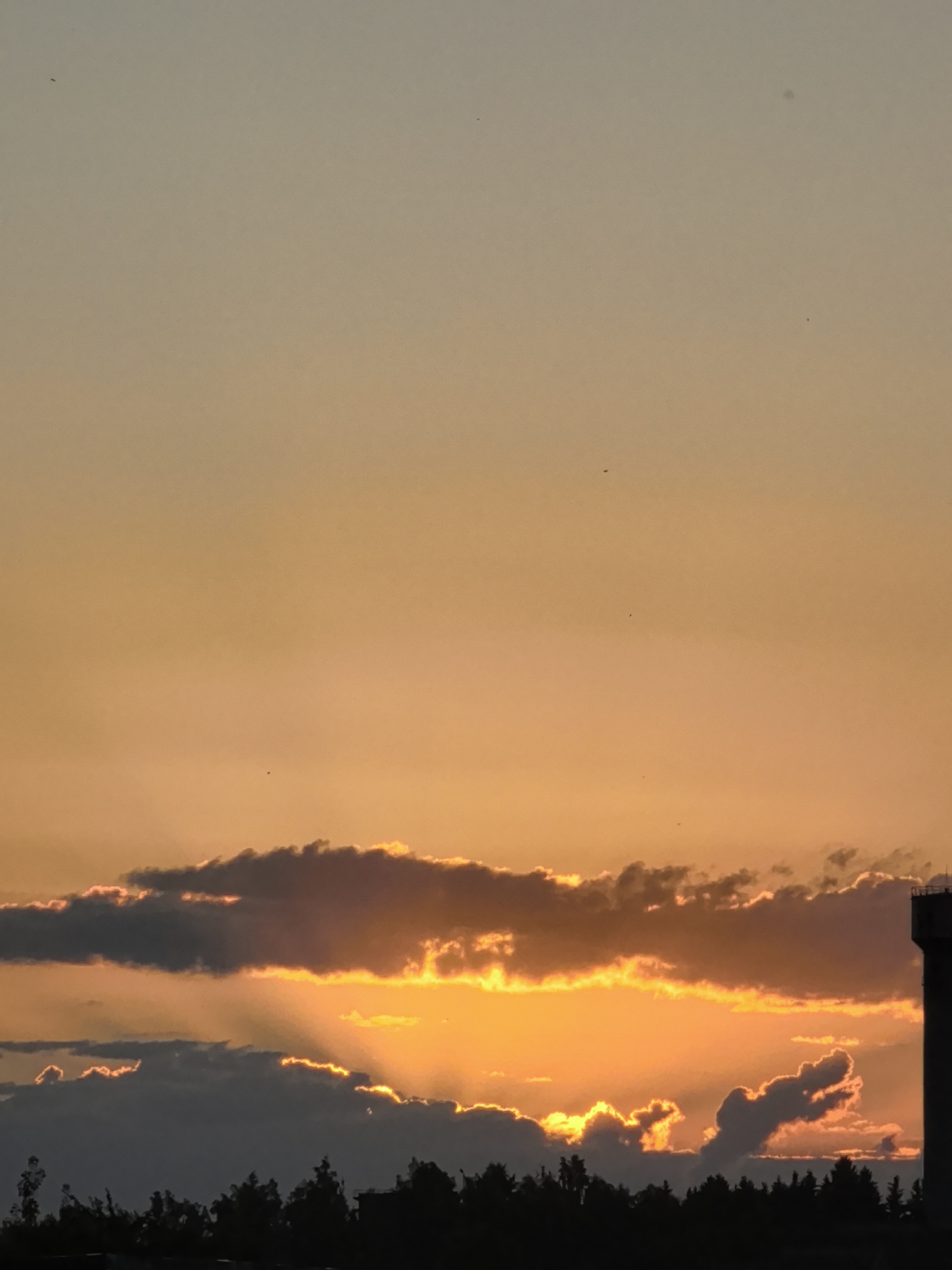 An outdoor, vertical, eye-level shot captures a sunset scene with a gradient of orange and yellow hues filling the sky. The upper half of the image is a soft, pale orange, transitioning to a more vibrant, golden orange closer to the horizon. Dark, silhouetted clouds are scattered across the middle of the frame, with some edged in bright sunlight, creating dramatic rays that beam downwards. Below the clouds, a dark, silhouetted line of trees forms the horizon, with a tall, dark tower-like structure visible on the right side of the image. The overall impression is a serene and dramatic sunset over a natural landscape, with a hint of man-made structures.