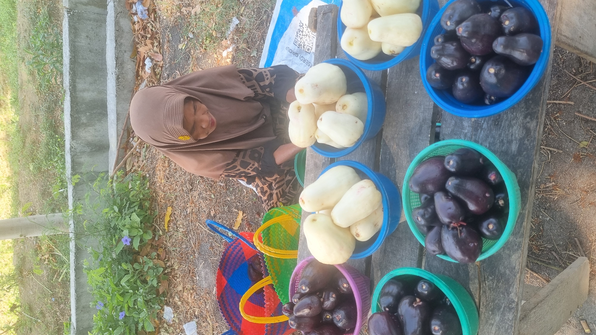 An elderly woman wearing a brown hijab and a patterned dress is sitting behind a collection of fruits displayed in bowls on a wooden surface. In front of her, there are several bowls containing dark purple, pear-shaped fruits, and other bowls filled with pale, elongated fruits. Behind the bowls, there are colorful woven baskets. The scene appears to be outdoors, with dry leaves and dirt on the ground, and a concrete structure and vegetation in the background. The overall setting suggests a street market or roadside stall.