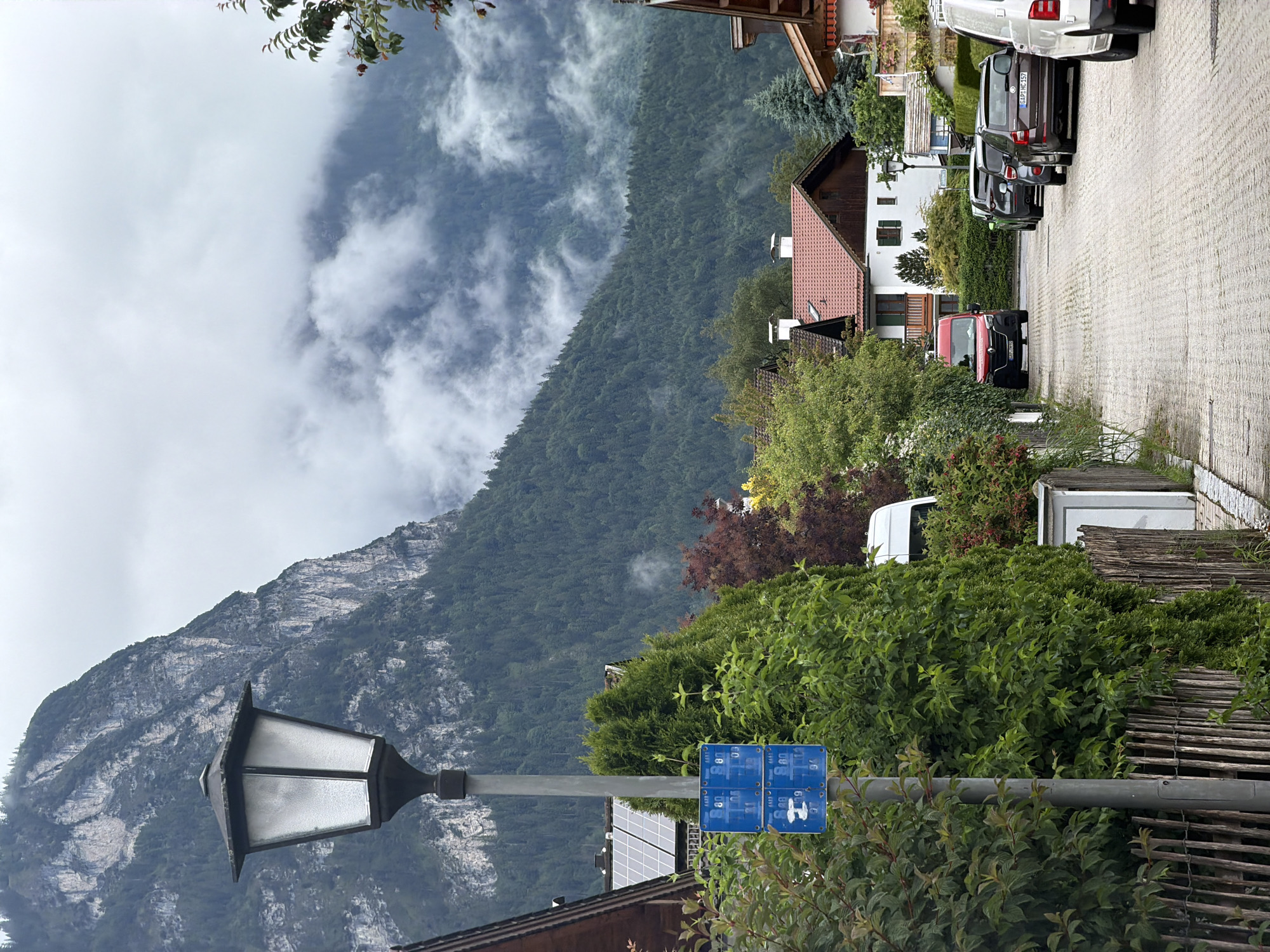 The image depicts a street scene in Garmisch-Partenkirchen, Germany, under an overcast sky. A tall lamp post with a decorative, square lantern stands on the left side of the frame, with a blue sign attached to its pole displaying several symbols and numbers, including what appears to be a parking regulation symbol. Behind the lamp post, a dense green hedge and a section of a wooden fence are visible.
In the background, several houses with traditional alpine architecture, characterized by red tiled roofs and wooden elements, are nestled amongst trees. The houses are situated on a gentle slope, leading towards a majestic, imposing mountain covered in dense green forest that stretches up towards the cloudy sky. The mountain itself shows rocky outcrops and a rugged texture.
Parked along the cobbled street are several vehicles. A bright red van is positioned closer to the foreground on the left, while on the right side of the street, a line of cars, including a dark grey SUV and a brown station wagon, are parked. A white van is also visible further down the street on the right. The overall impression is a quiet, residential area in a mountainous region.