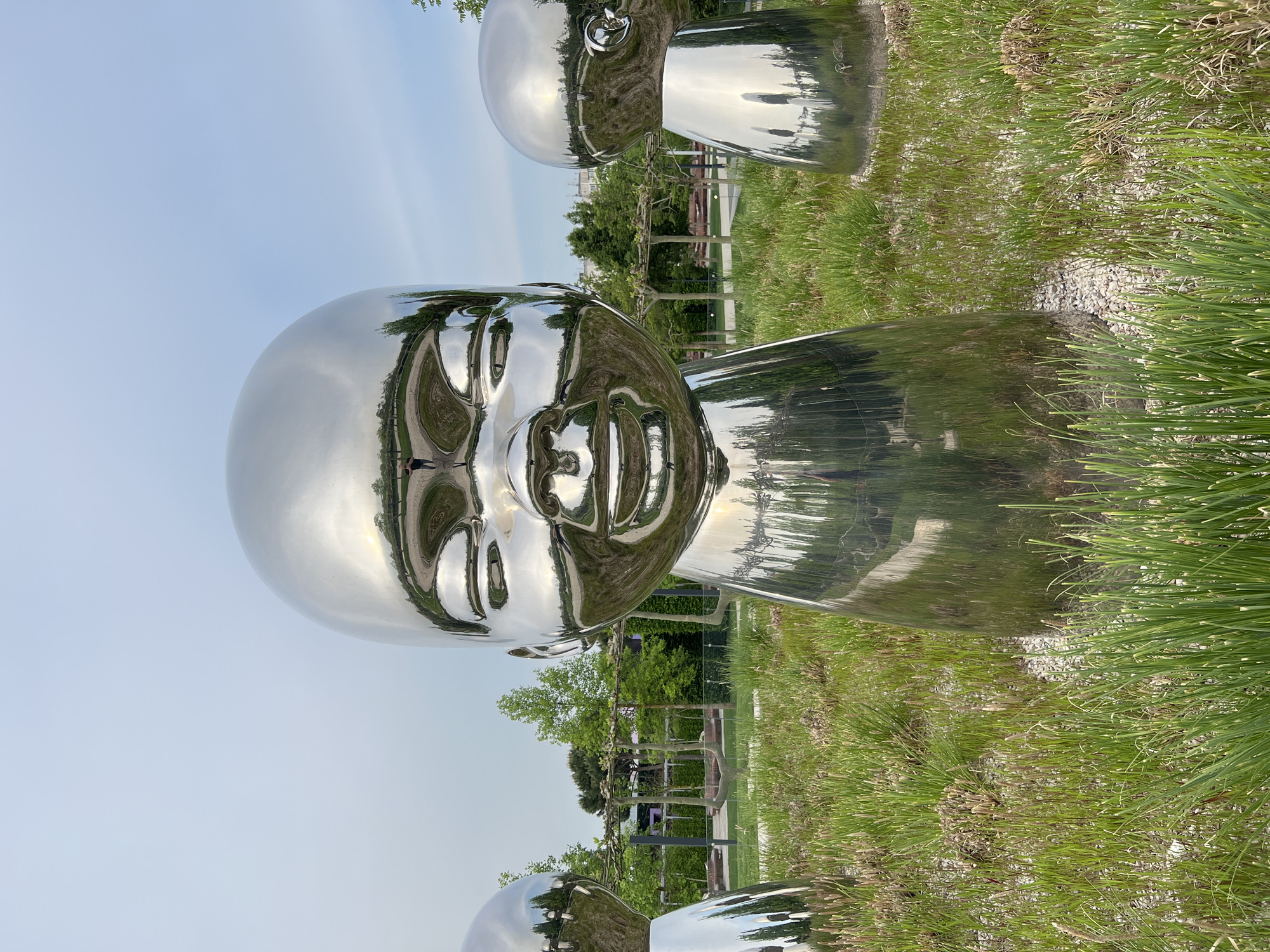 The image shows a stainless steel art installation of multiple infant-like faces and upper bodies. The sculptures are placed in an outdoor park-like setting with lush green grass and scattered gravel pathways. Trees are visible in the background behind a metal fence. The sky is a pale blue. The installation is likely located in the city of Krasnodar, Russia, as it is one of the few cities where this art work exists.