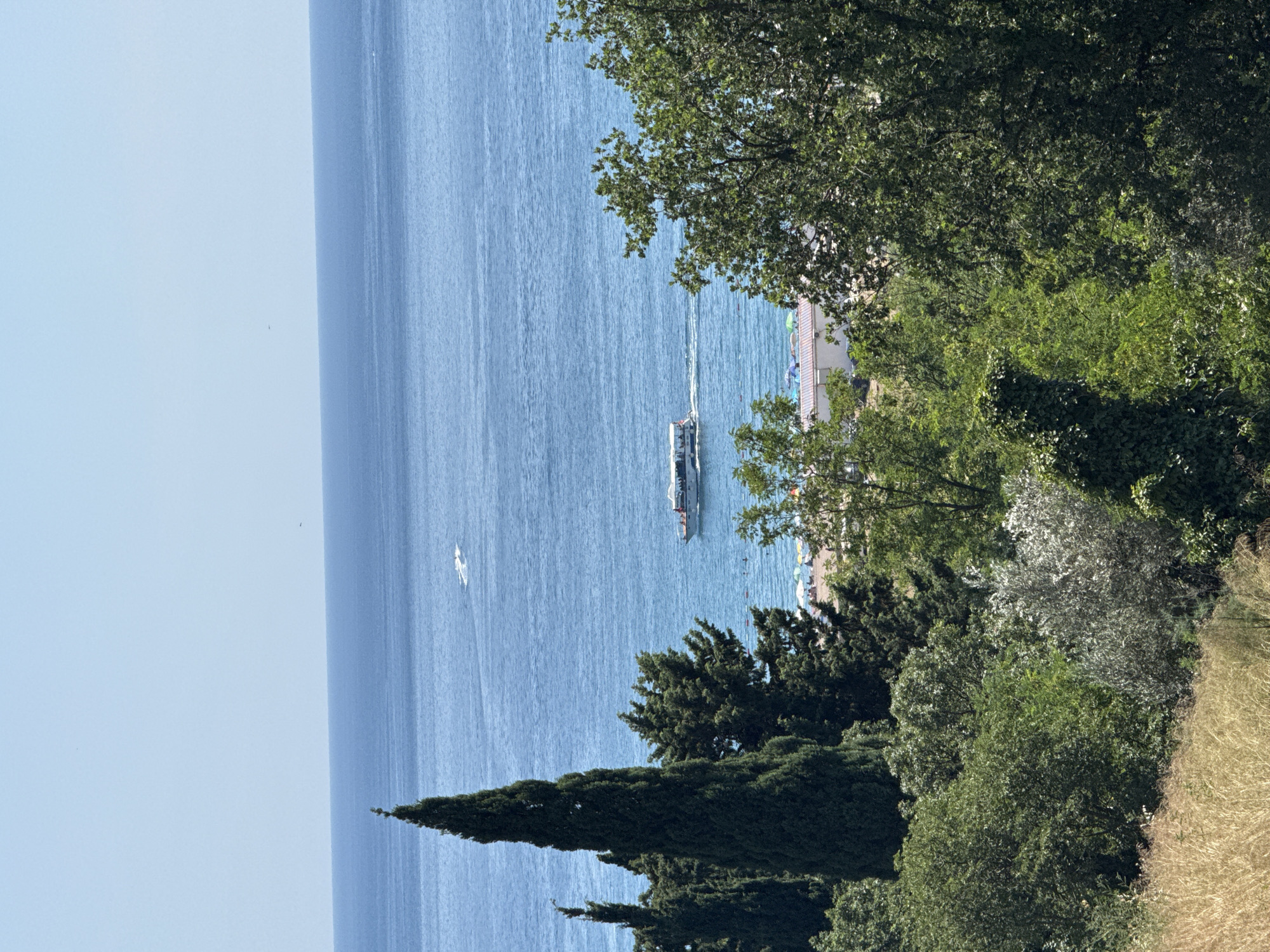 The image depicts a serene coastal scene with a vast expanse of blue sea under a clear, pale blue sky. Lush green trees and foliage frame the right and bottom portions of the frame, suggesting a hillside or elevated viewpoint overlooking the water. In the distance, a white boat with several passengers navigates the gentle waves, leaving a faint wake. Closer to the shore, a pier or walkway is visible, lined with people and beach umbrellas, indicating a populated beach area. The overall impression is one of a bright, sunny day, likely midday given the clear skies and the strong sunlight illuminating the scene. The vibrant greenery and the calm sea contribute to a peaceful and inviting atmosphere. There is no visible text in the image.