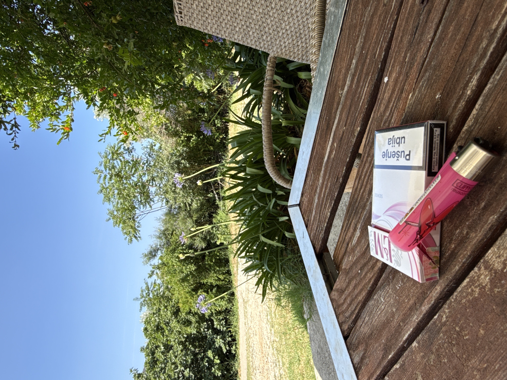 The image captures a close-up of a wooden table surface, likely outdoors, with a bright blue sky and lush greenery in the background. A pack of cigarettes and a pink lighter are placed on the table. The cigarette pack has text in a foreign language, "Pušenje ubija," which translates to "Smoking kills," and also lists nicotine and tar content. The lighter is a "CLIPPER" brand and appears to be reusable. The overall scene suggests a moment of pause or relaxation in a natural setting, possibly a garden or patio, on a sunny day. The vibrant green foliage and clear sky indicate pleasant weather. The specific location context is Kanjoši, Montenegro, which is known for its natural beauty. There are no people visible in the image. The composition focuses on the man-made objects against the natural backdrop, creating a contrast between human habits and the environment. The lighting suggests it is daytime, with the sun casting shadows and highlighting the textures of the wood and the cigarette pack.