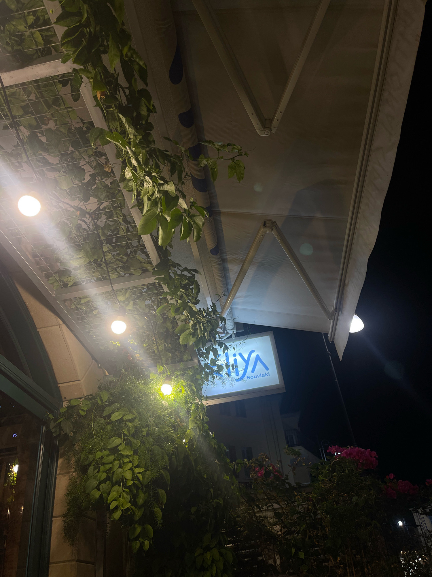 The image shows the exterior of a restaurant at night, with greenery hanging from an awning. A sign for "Miya Souvlaki" is visible, indicating the restaurant is a souvlaki establishment. The scene appears to be in Larnaca, Cyprus, a city known for its souvlaki restaurants. The lighting suggests it is evening or night.