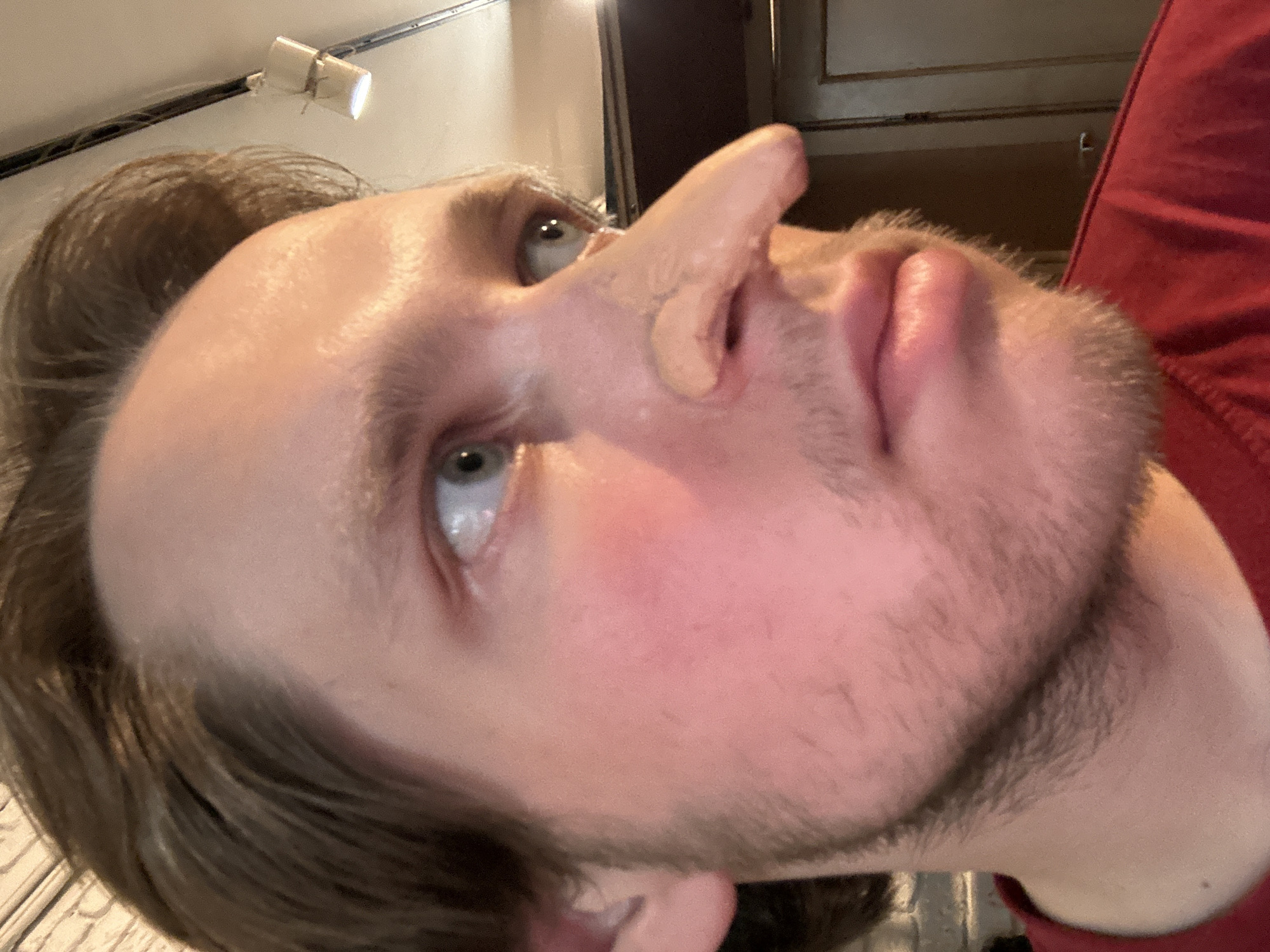 A close-up, low-angle portrait depicts a person with fair skin, light brown hair, and stubble. The subject's eyes are light-colored, and there is a spot of concealer or similar makeup on their nose. They are wearing a red shirt, partially visible in the upper right corner of the frame. The background consists of what appears to be a ceiling with a track lighting fixture and a door. The location is unknown.