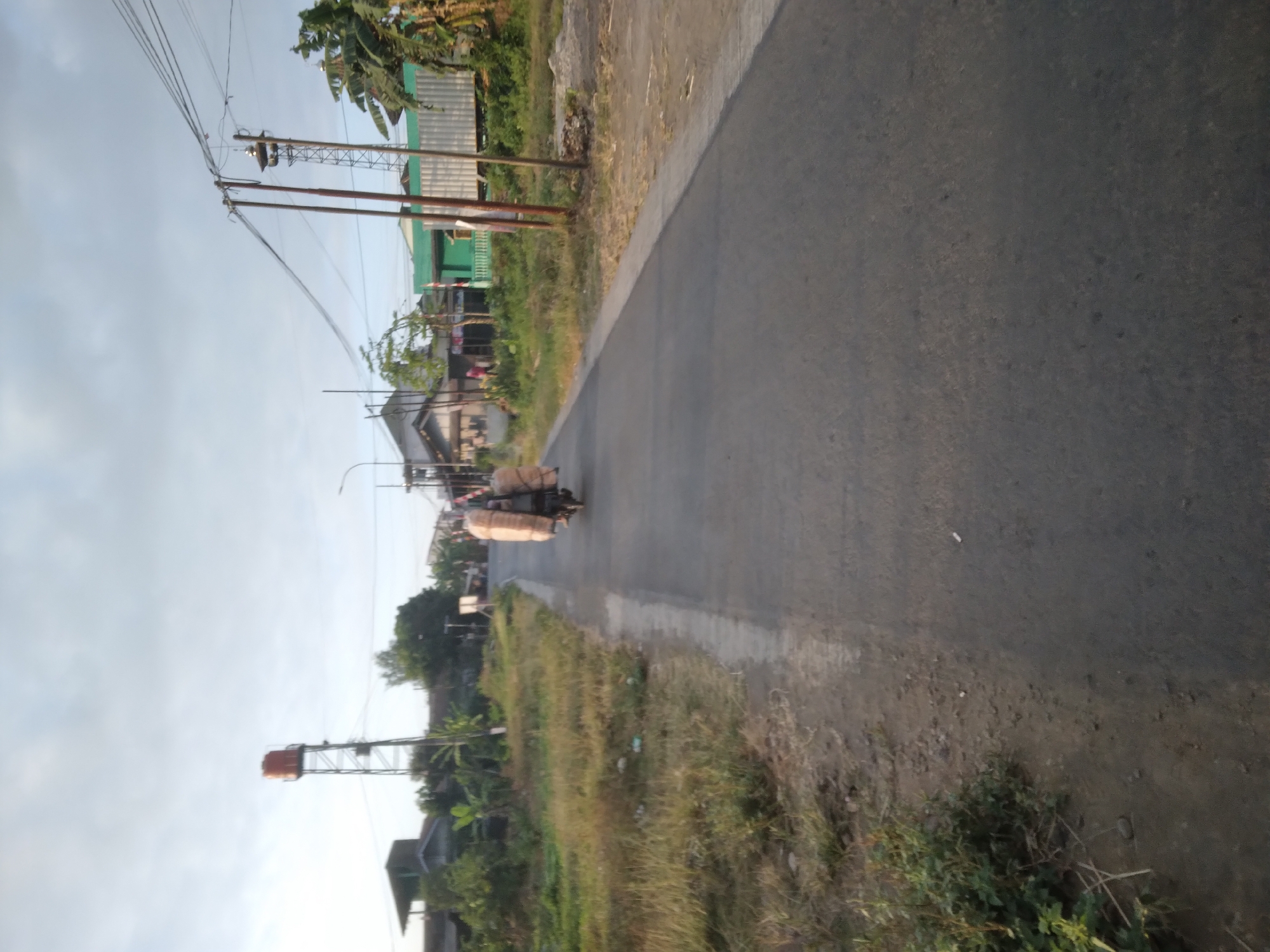A person rides a motorcycle down a paved road in Desa Pamijen, Kecamatan Sokaraja, Indonesia. The motorcycle is loaded with large, rectangular bundles wrapped in light brown material. The road is bordered on the left by a dry, grassy embankment and on the right by a shoulder and more vegetation. In the background, there are houses, trees, and utility poles. A water tower with a red tank stands in the distance on the left side of the image, and a tower with what appears to be speakers or religious markers is visible on the right. The sky is overcast.