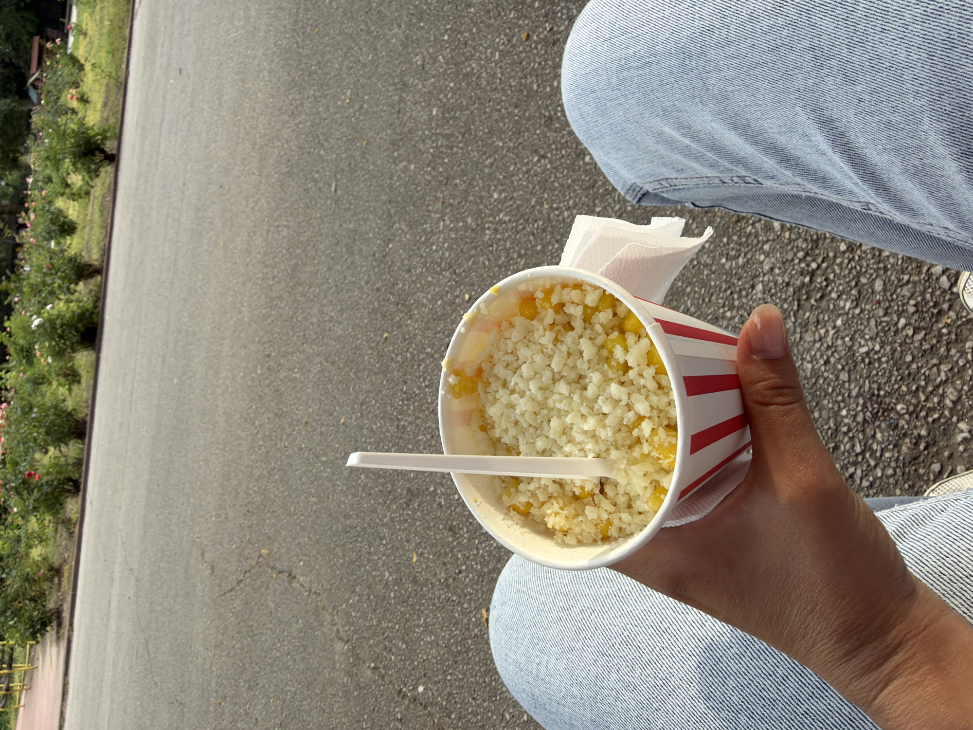 In an outdoor setting, likely a park or promenade in Pazardzhik, Bulgaria, a person is holding a cup of food. The cup has red and white stripes and contains what appears to be corn mixed with a white crumbly topping, possibly cheese or a breadcrumb mixture. A white plastic spoon is resting inside the cup. The person is wearing light blue denim jeans. The background shows a paved path or road, with a row of bushes and flowers on the left side. The time of day appears to be daytime, with sunlight casting shadows, suggesting fair weather. The scene evokes a casual, relaxed atmosphere, perhaps a snack break during an outing. There is no visible text in the image.