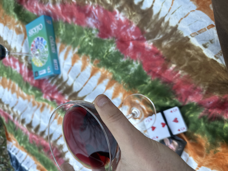 The scene depicts an outdoor gathering on a multicolored tie-dye blanket in Carnin, France. A human hand, with visible fingernails, holds a stemmed glass containing red wine in the foreground. On the blanket, a partial deck of playing cards shows a Two of Hearts and a Three of Hearts. A turquoise-colored board game box, identified as "CLUEDO," rests further back on the blanket, near the stem and base of a second wine glass. The blanket displays patterns of white, red, green, and brown/orange. The environment is outdoors, with the blanket covering the ground.