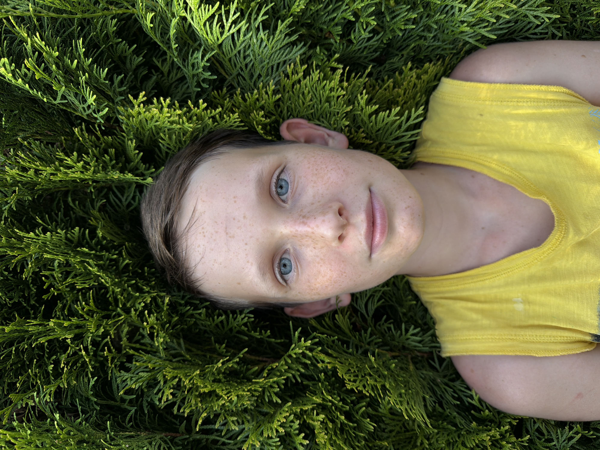 A young person with blue eyes and freckles lies on their back amidst dense green foliage, likely conifer branches. They are wearing a bright yellow t-shirt. The perspective is a close-up overhead shot, with the person's head tilted slightly to their left. Their facial expression is neutral, and the overall mood is peaceful and serene. The lighting suggests it is daytime, possibly with soft sunlight filtering through the leaves, creating a natural and tranquil atmosphere. The setting appears to be outdoors, in a natural environment like a garden or a park, given the abundance of greenery. No visible text is present in the image.