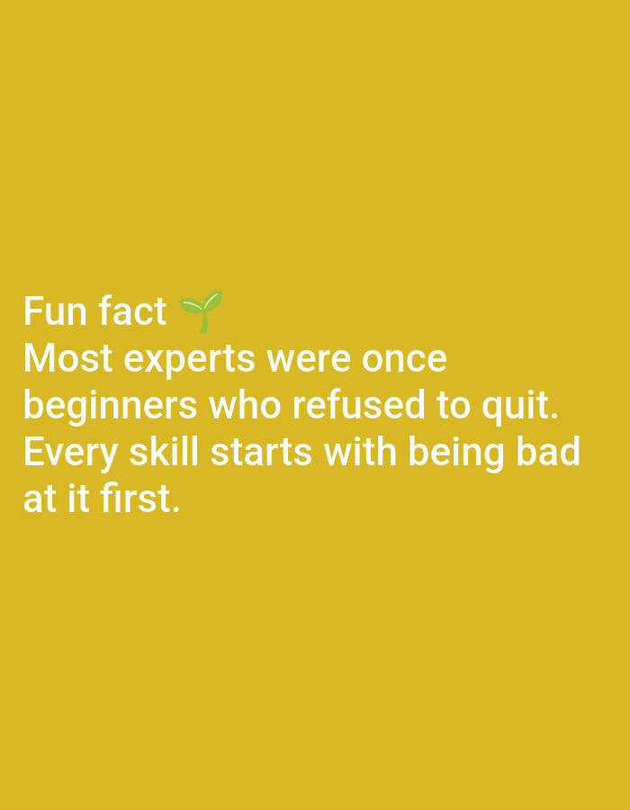 This is a text-based image on a plain yellow background. The text, in white sans-serif font, reads:
"Fun fact ๐ฑ
Most experts were once
beginners who refused to quit.
Every skill starts with being bad
at it first."
There are no people, objects, or environmental features visible in the image. The image does not provide any information that could be used to determine a location in Lagos, Nigeria.