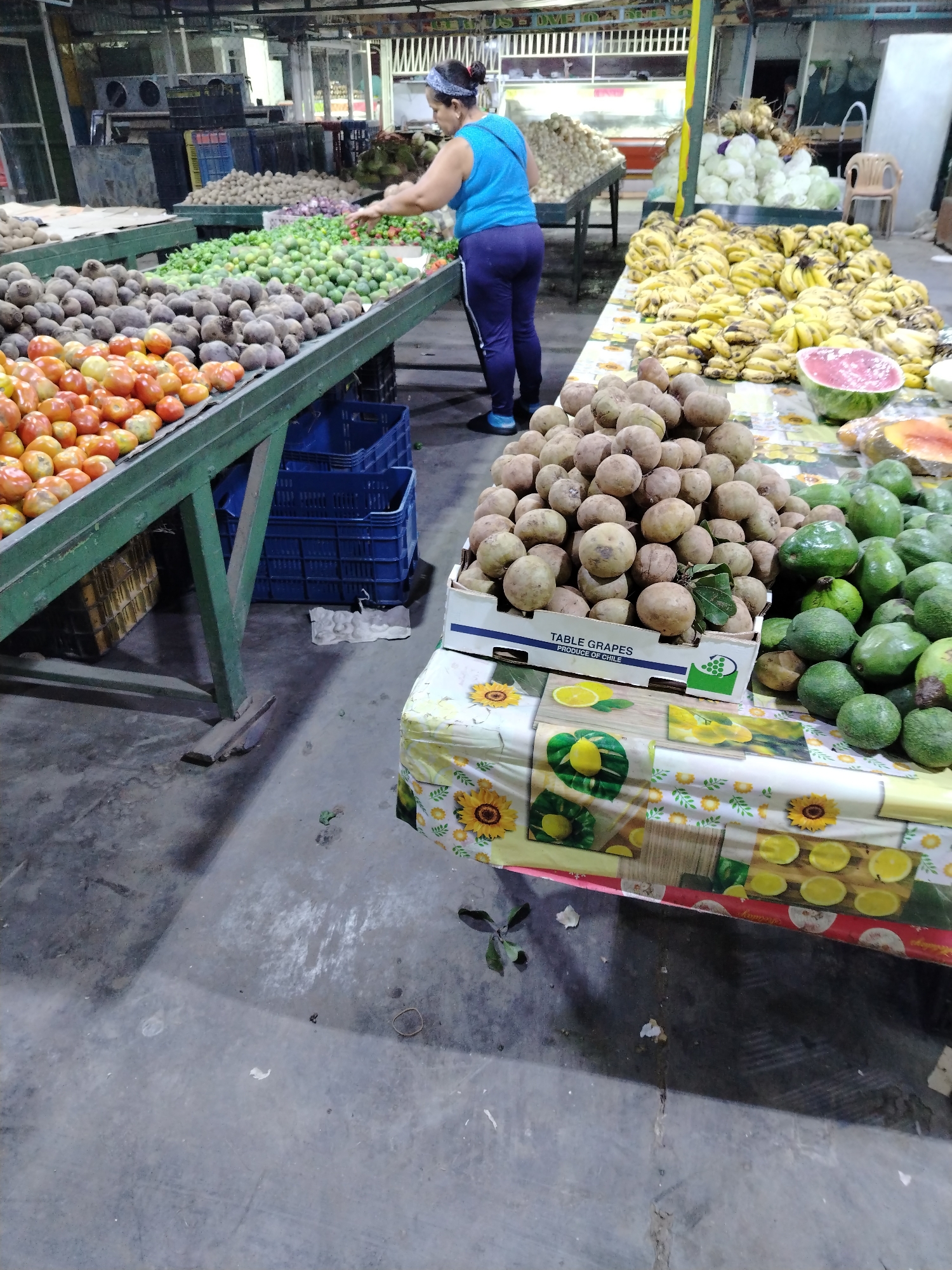 The image depicts a bustling market scene in Tinaquillo, Venezuela. A woman in a blue tank top and purple leggings stands behind a long table overflowing with produce, sorting through a variety of fruits and vegetables. On the table closest to the camera, there is a display of sapodilla fruits in a cardboard box labeled "Table Grapes, Produce of Chile," and a pile of avocados. Next to this table, another table showcases tomatoes, beets, green limes, and other produce. Further back, bananas and a watermelon can be seen, as well as potatoes in a different stall. The floor is concrete, and the tables are covered with colorful tablecloths. The market appears to be indoors, with metal roofing and lighting structures visible.