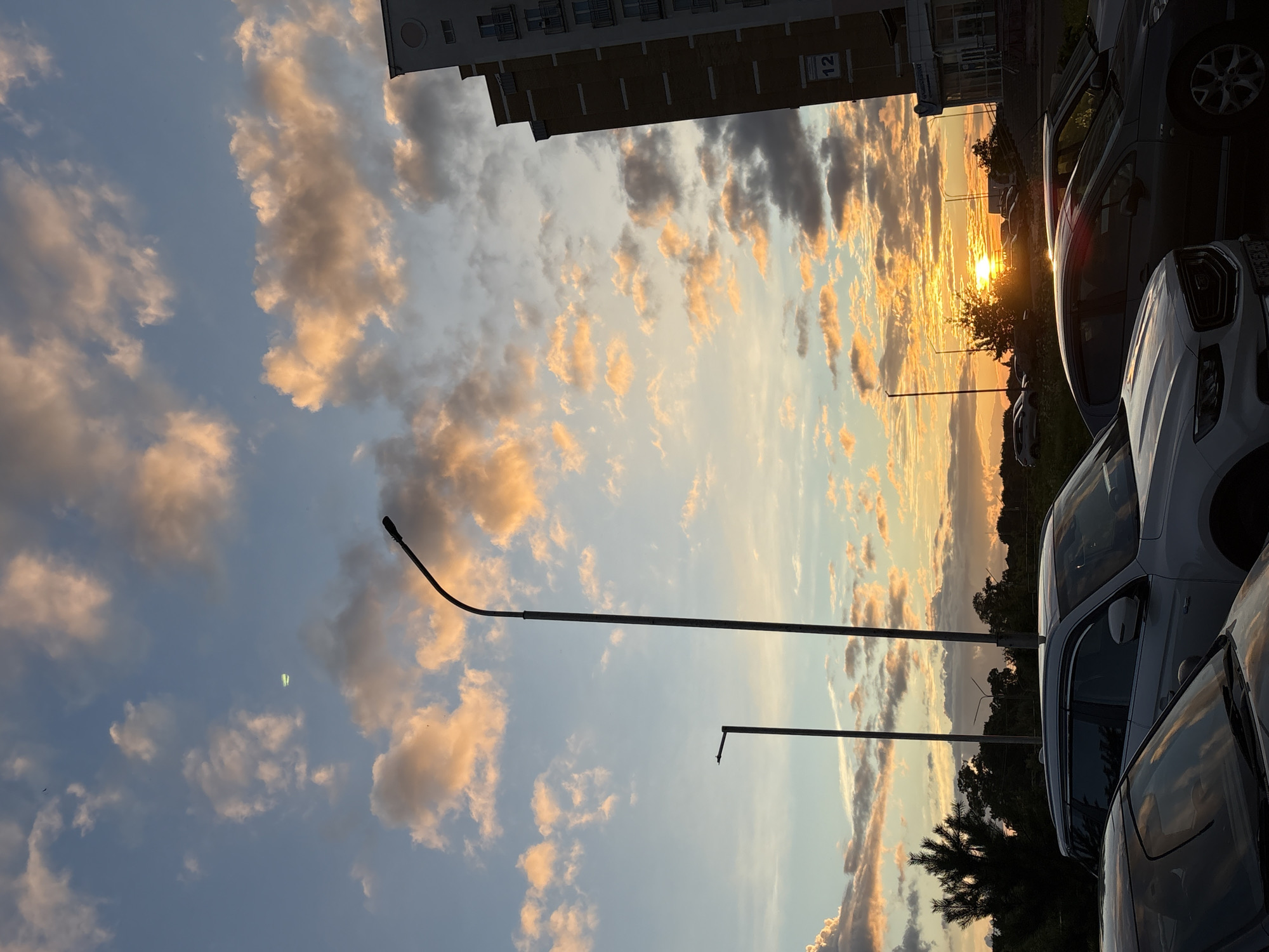 A wide-angle, eye-level shot captures a sunset over a parking lot in Vitebsk, Belarus. The sky is a vibrant display of blues, oranges, and pinks, with scattered clouds reflecting the setting sun. Tall, slender lampposts are silhouetted against the colorful sky. In the foreground, several cars are parked, with the hoods and windshields of two cars prominently featured. Behind the cars, a dark evergreen tree stands tall. Further in the background, a multi-story building with a white facade and brown brick accents is visible. The building has windows and a visible sign with the number "12". The overall scene depicts an urban sunset in a residential or commercial area.