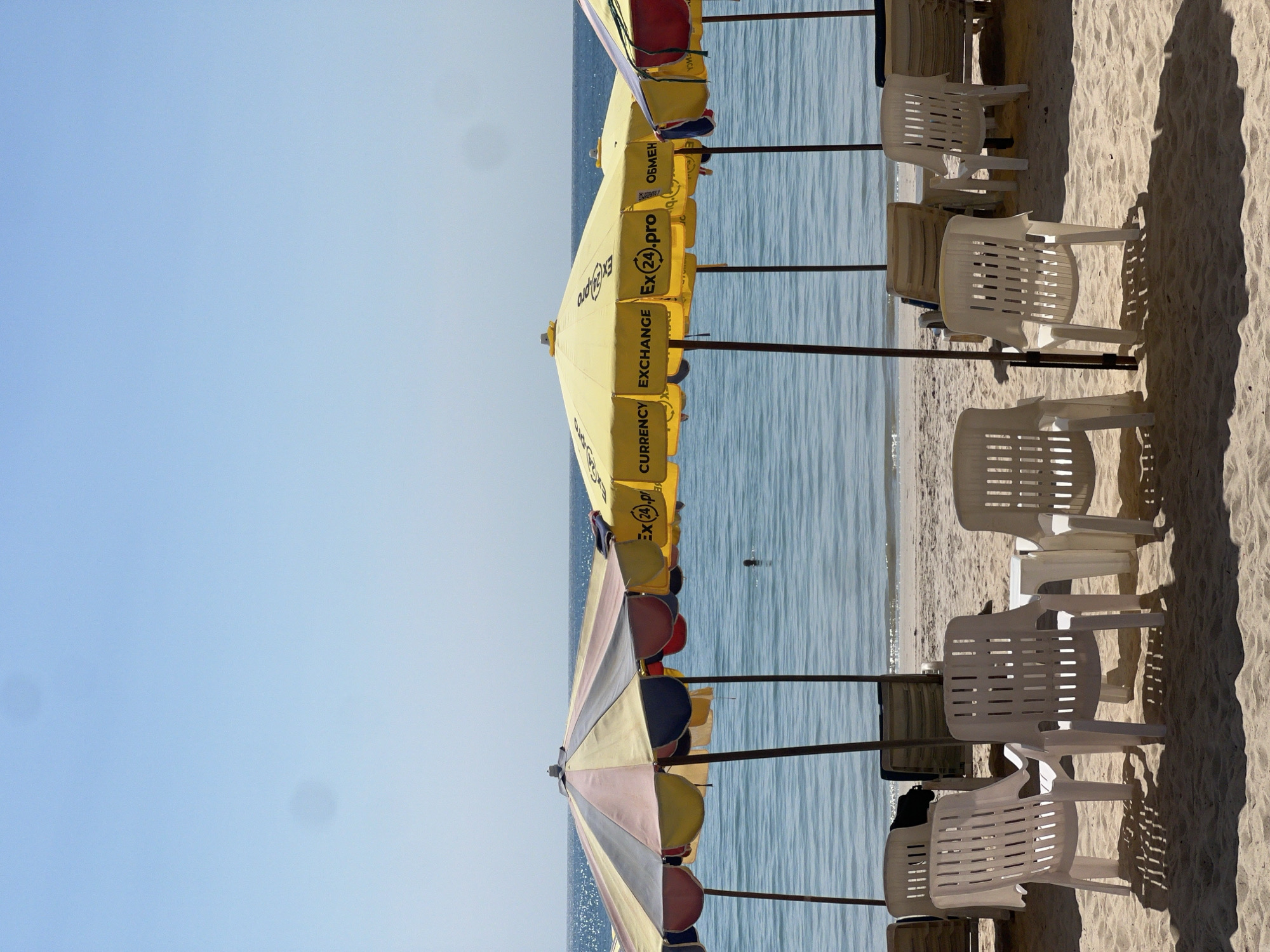 The image presents a serene beach scene under a clear, light blue sky. A calm, blue-green sea stretches across the mid-ground, showing gentle ripples on its surface, with a subtle sparkle near the shore. In the foreground, a row of beach umbrellas and white plastic chairs are neatly arranged on the light tan sand.
The umbrellas closest to the viewer are multicolored, featuring panels in shades of light blue, pink, yellow, blue, and red. Further down the line, the umbrellas are predominantly bright yellow. Long, distinct shadows from the umbrellas and chairs are cast on the sand, indicating a sunny day, likely mid-morning or late afternoon.
One small, dark figure is visible swimming or floating in the tranquil water. The white plastic chairs are typical slatted outdoor designs, arranged in pairs or individually beside each umbrella.
Several of the yellow umbrellas feature prominent black text, advertising currency exchange services. Visible words include "CURRENCY," "EXCHANGE," and "Ex(24).pro". The Cyrillic word "ОБМЕН" (meaning "Exchange") is also present, along with a small QR code visible below it on one umbrella. The overall scene evokes a peaceful and relaxing vacation atmosphere.