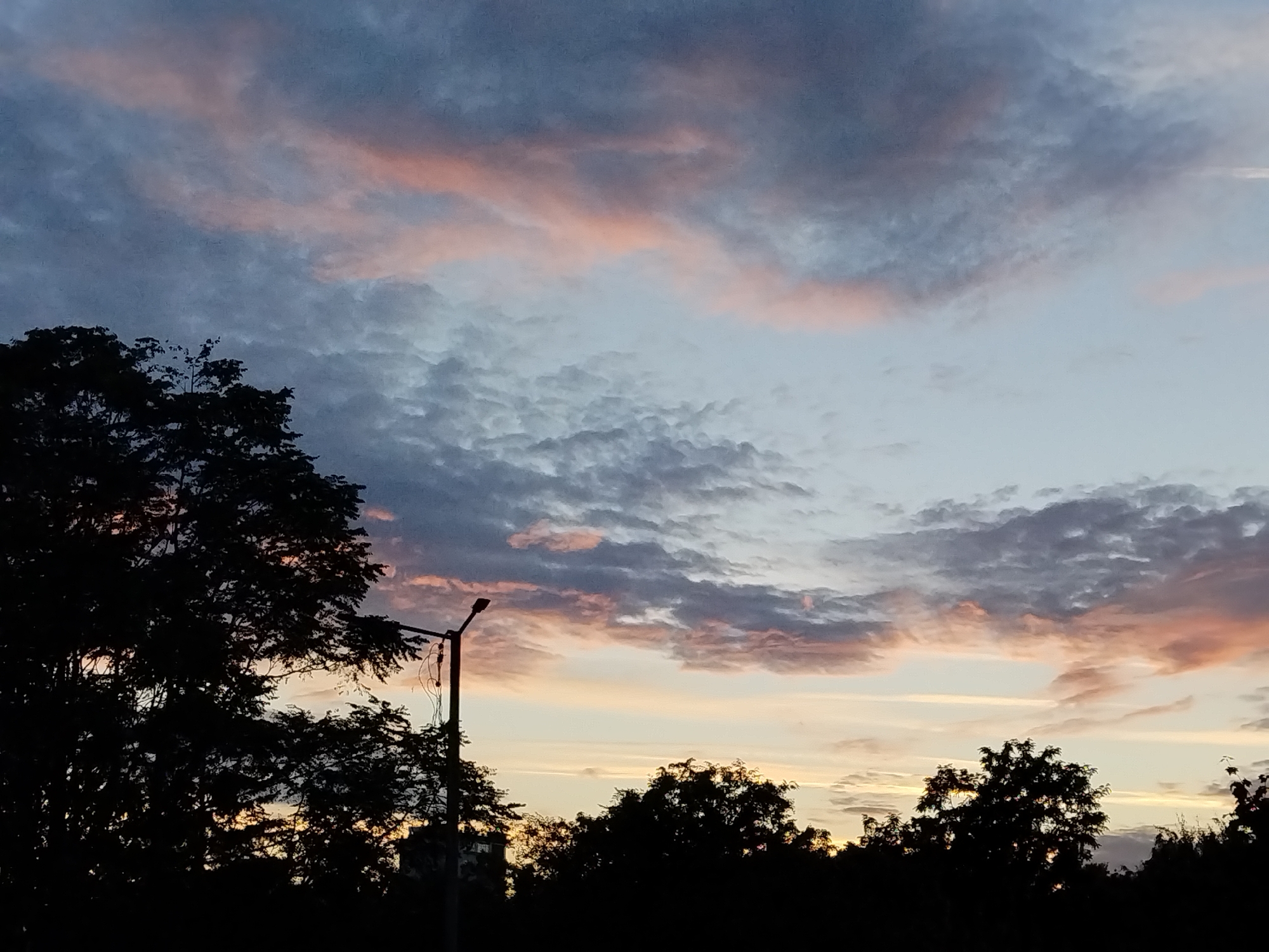 The image shows a silhouetted treeline against a sky with scattered clouds. The clouds exhibit a gradient of colors, transitioning from dark blue and grey at the top to lighter blues and soft pinks near the horizon. A lamppost is visible on the left side of the frame, also in silhouette, with some visible wires attached. The overall impression is that of a twilight or sunset scene. The location in Saratov, Russia, is not discernible from the image itself.