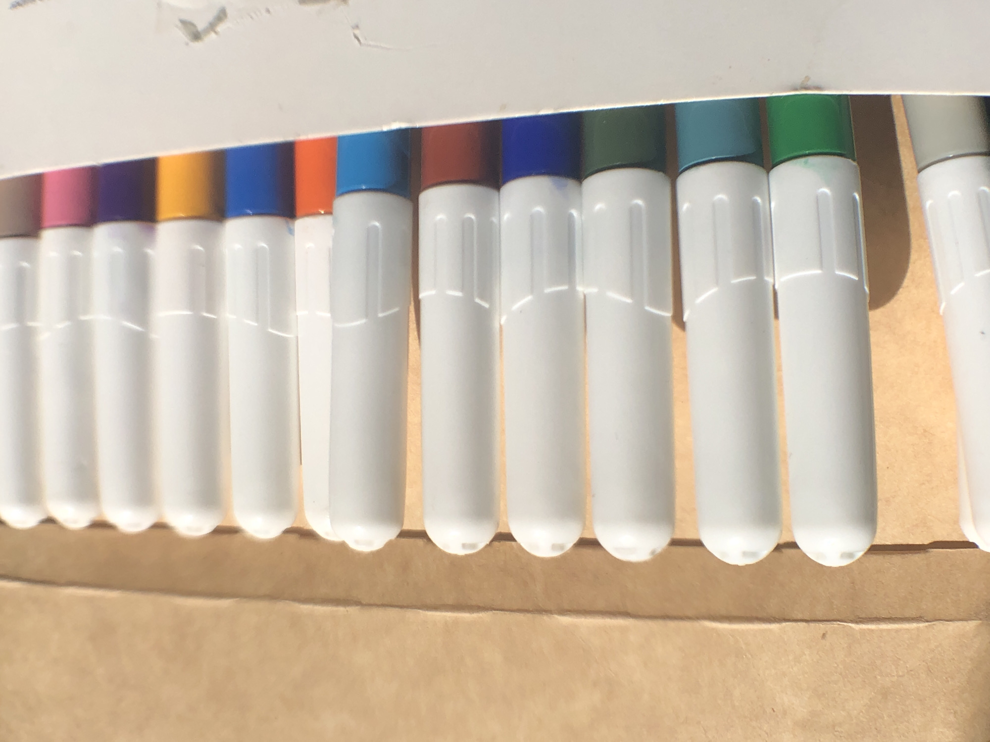 The image shows a row of white markers with colored caps, likely in a box. The markers are arranged vertically. The caps visible are brown, pink, purple, yellow, blue, orange, red, blue, teal, green, and gray. The background appears to be a cardboard box. There is no information in the image that would indicate a location in Petropavlovsk-Kamchatsky, Russia.