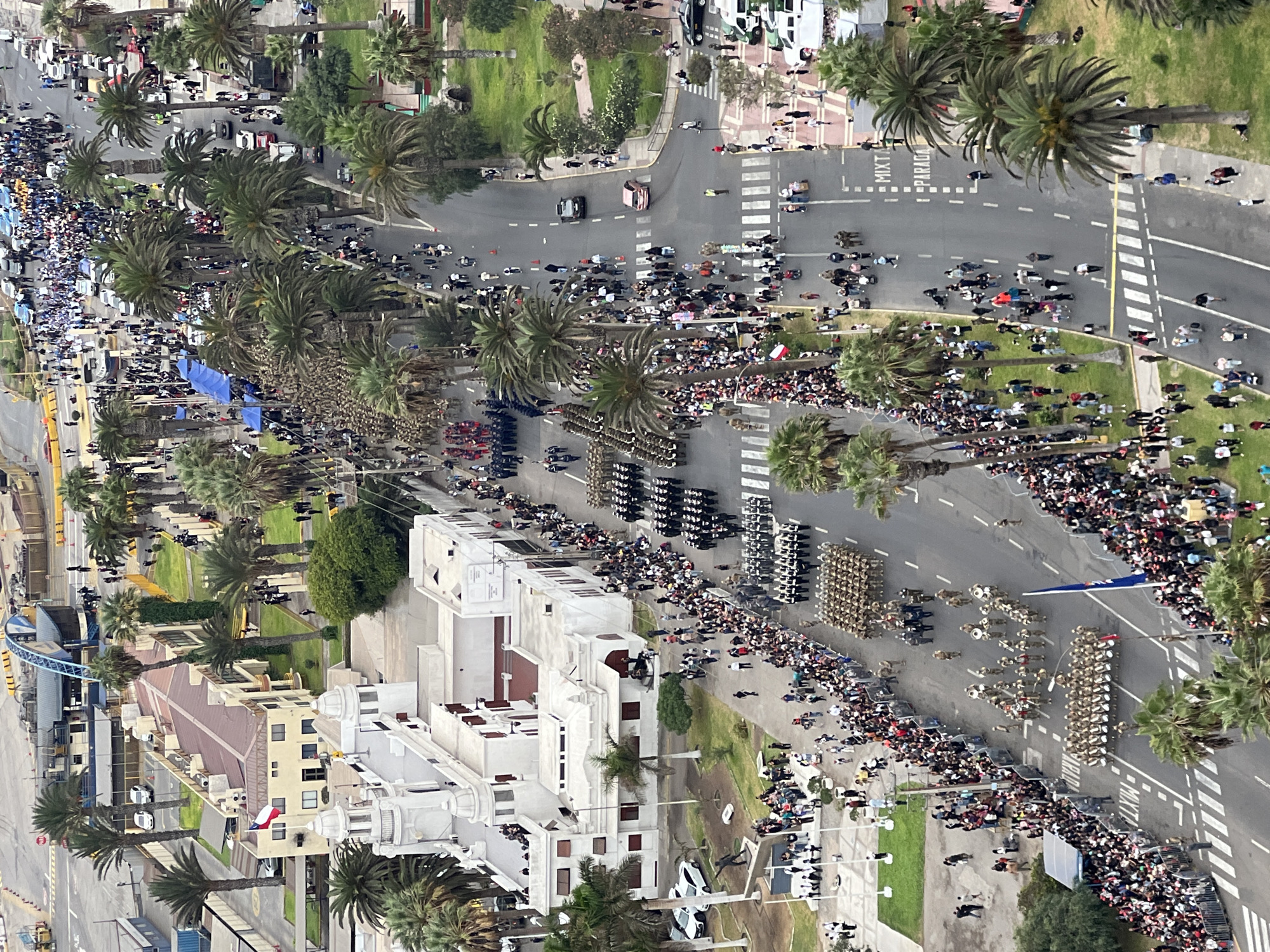 This aerial view captures a military parade on a palm-tree-lined avenue in Arica, Chile. The primary subject is a multi-unit military procession moving south along a two-lane asphalt road marked with white crosswalks and dashed lines, including signs reading "MIXTA" and "PARADA." Various military contingents are visible: soldiers in desert camouflage uniforms marching in dense formations, naval personnel in dark blue uniforms, and a marching band with brass and percussion instruments.
Thousands of spectators line both sides of the parade route, many standing behind metal barriers or on elevated sidewalks and grassy areas. Several uniformed police or security personnel are interspersed within the crowd and along the parade path. Buildings of varying architectural styles flank the avenue; on the western side, a prominent white colonial-style building features several turrets and a tiled roof, with a Chilean flag flying from an adjacent, smaller yellow building. Further back, a bustling port or industrial area with large ships and cargo containers is visible.
The eastern side of the street is characterized by green lawns, manicured trees, and additional buildings. Numerous tall palm trees are systematically planted along the length of the avenue, interspersed with streetlights. A few civilian vehicles, including cars and vans, are visible on the road and parked in adjacent areas. The sky is bright, indicating clear daylight conditions.