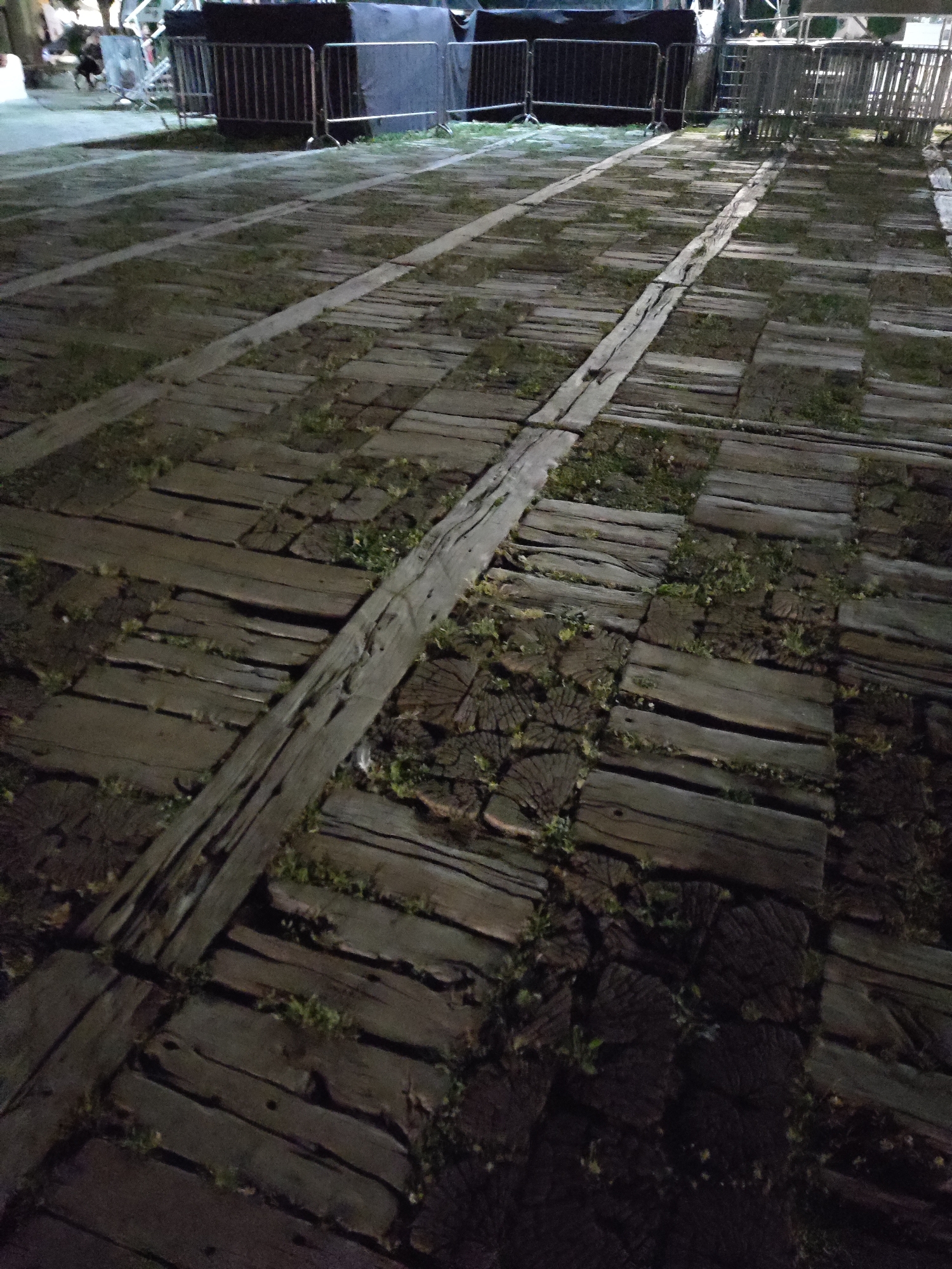 A dimly lit outdoor scene shows a pathway constructed from weathered wooden planks, interspersed with patches of grass and dirt. The pathway appears to be made of thick, unevenly cut logs laid end-to-end in rows, with additional planks laid across them to form the walking surface. In the background, metal barriers and dark fabric screens are visible, suggesting an event or performance space. The overall impression is one of a rustic or temporary pathway in a semi-developed area. There is no indication of the city of Kolašin, Montenegro, within the image itself.
