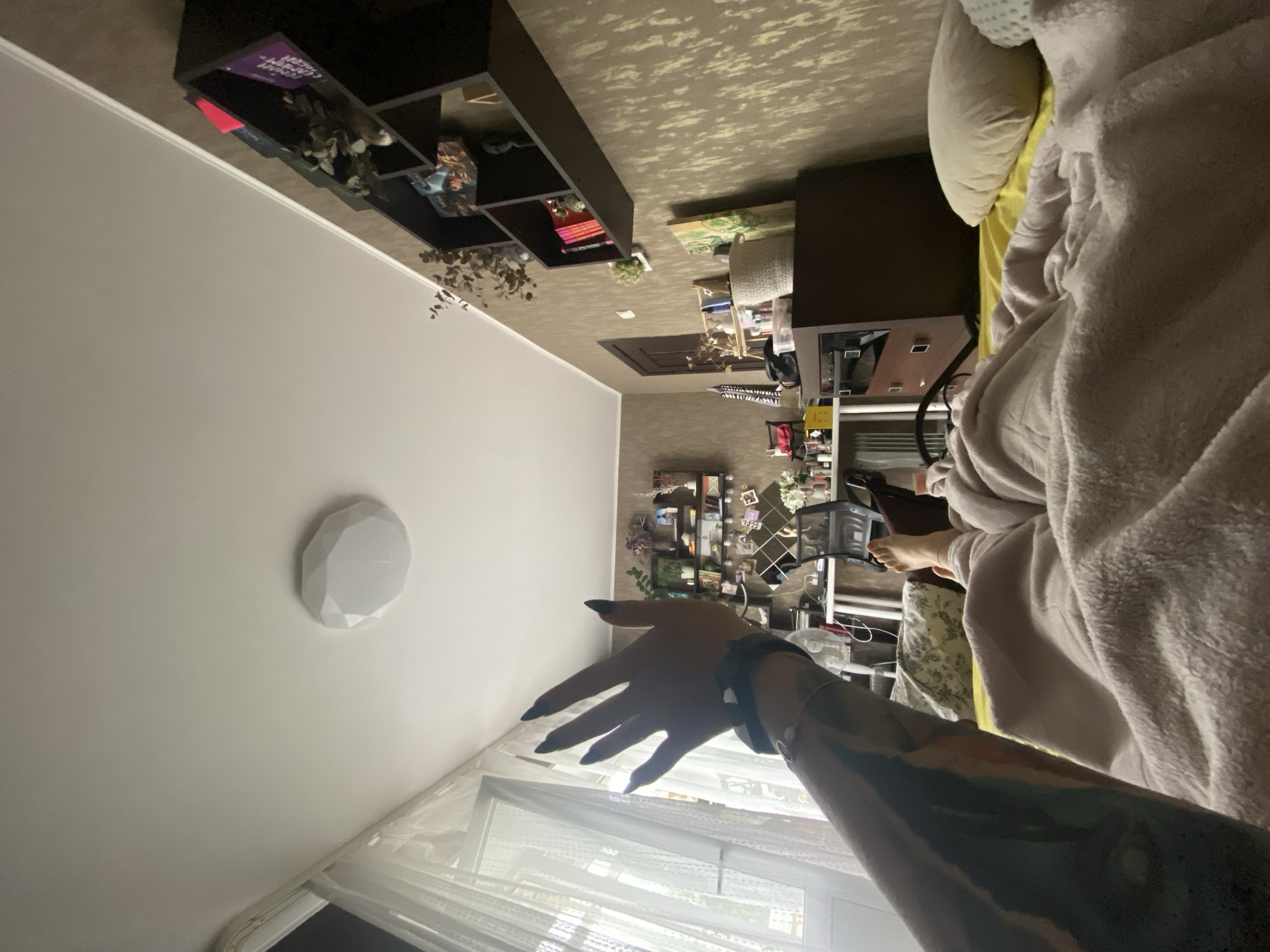 The image depicts an indoor scene, likely a bedroom, looking upwards towards the ceiling and a wall. In the foreground, a person's arm and hand are visible, with long, dark, pointed fingernails. The arm has a large, colorful tattoo. The person appears to be lying down under a pink blanket.
The room features a ceiling light fixture. The wall has a textured brown wallpaper. A dark brown shelving unit is mounted on the wall, containing books, decorative items, and what appear to be framed pictures or photos. Below the shelves, a desk with a computer monitor, a chair, and various items are visible, suggesting a workspace. There is also a window with white sheer curtains, letting in natural light. The overall impression is of a lived-in, somewhat cluttered personal space.
There is no specific information within the image that would allow for a precise location within the city of Chaikovsky, Russia.