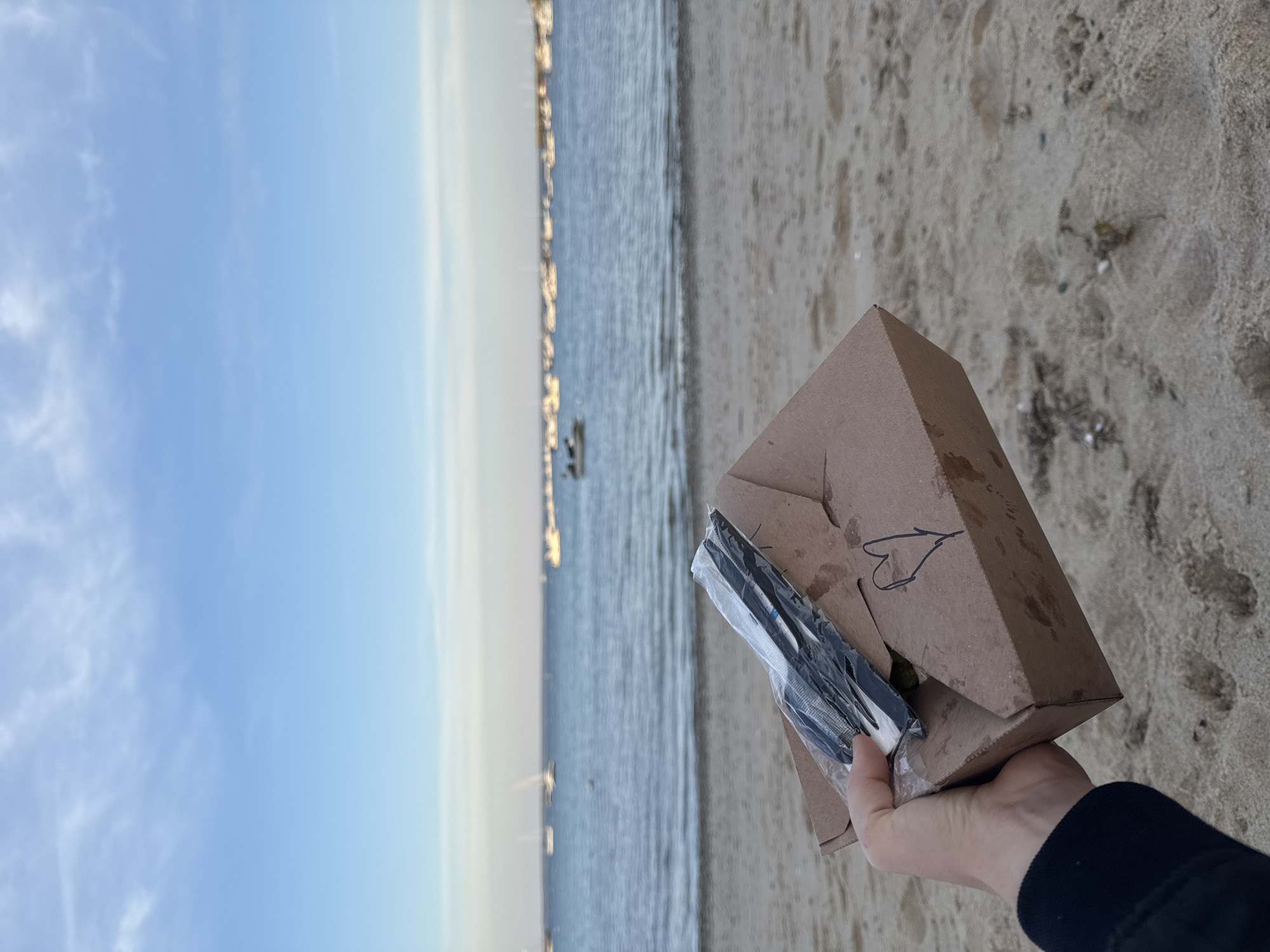The image captures an outdoor scene at a beach, likely in Provincetown, United States of America, during late afternoon or early evening. In the foreground, a person's hand, wearing a dark sleeve, holds a brown cardboard takeout box. A clear plastic-wrapped set of black plastic cutlery (fork, knife, and spoon) rests on the top of the box. A small, hand-drawn black heart is visible on the side of the box.
The immediate setting is a sandy beach, characterized by light brown and greyish sand with subtle textures and a few small dark specks. Beyond the sand, a body of water, likely the ocean or a bay, stretches across the midground. The water appears calm with gentle ripples, reflecting a soft light. A distant shore or coastline is faintly visible across the water, showing a linear outline of what might be buildings or lights.
The sky occupies the upper portion of the image, displaying a gradient from a very light, almost white-blue at the horizon to a clear, pale blue overhead. There are wispy white clouds scattered in the upper left quadrant of the sky. The overall lighting is soft and warm, indicative of a pleasant, clear-weather day as the sun begins to set. The image conveys a sense of quiet enjoyment or a casual outdoor meal by the water.