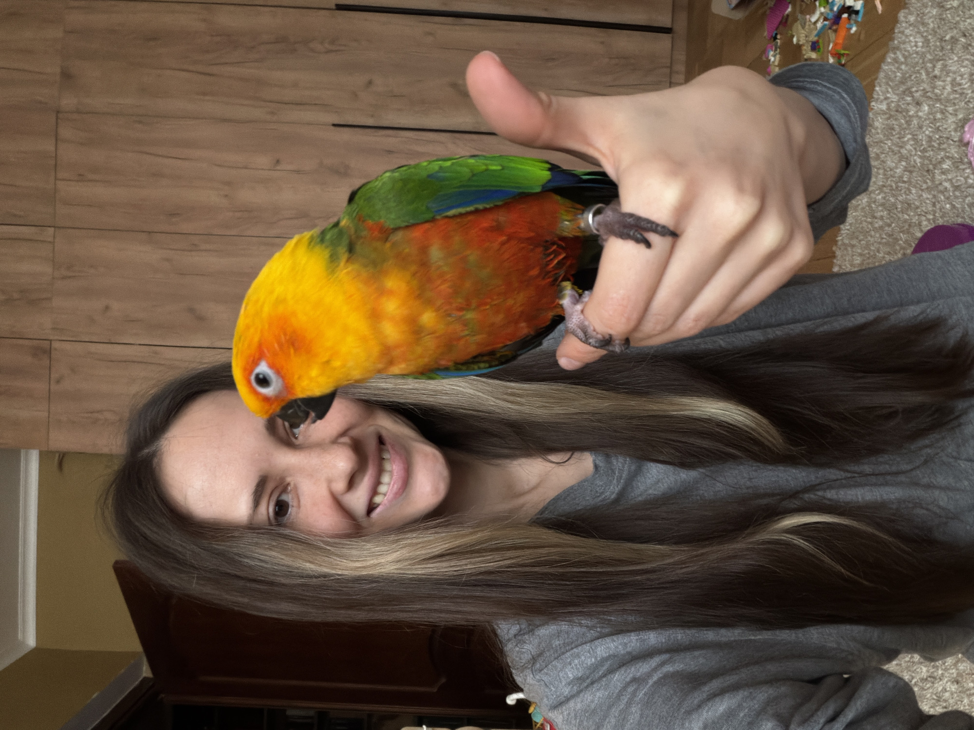 A smiling woman with long, brown hair is holding a colorful parrot on her hand and giving a thumbs-up. The parrot has yellow, orange, red, and green feathers. The woman is wearing a gray shirt. The background includes a wooden cabinet and a glimpse of a room with various objects on the floor. There is no evidence suggesting that this picture was taken in Khimki, Russia.