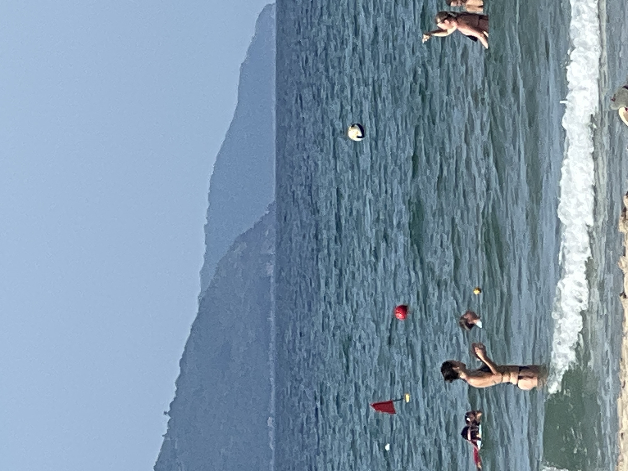 The image depicts a beach scene at Da Nang, Vietnam, with a body of blue water in the foreground, featuring several people swimming and wading near the shore. In the mid-ground, a person in a black bikini stands in the water, holding something in their hands. To the left, a red triangular flag on a pole floats in the water, accompanied by a red spherical buoy. Further out, a volleyball is visible on the water's surface. In the background, layered mountains recede into the distance under a clear, pale blue sky. The water appears calm with gentle waves near the shore, where a sandy beach is partially visible at the bottom of the frame.