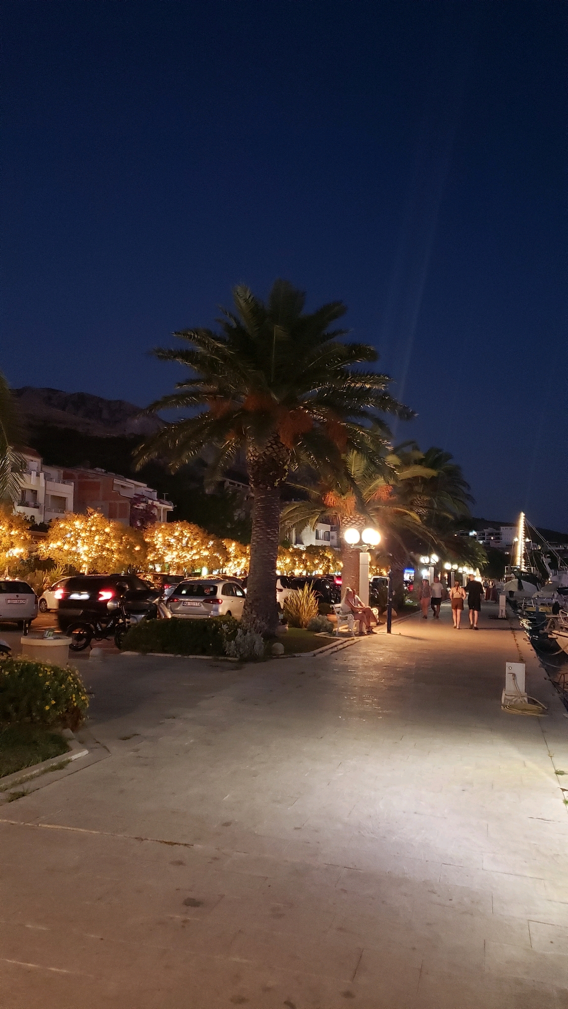 The image captures a nighttime scene along a waterfront promenade in Općina Tučepi, Croatia. The dark blue sky is illuminated by streetlights and decorative lights strung along trees and buildings. Several palm trees are prominent in the foreground and midground, casting shadows on the paved walkway.
To the left of the promenade, cars are parked along a street lined with buildings. The buildings appear to be hotels or apartments, with lights visible in some windows. Further back, a hilly landscape is faintly visible against the dark sky.
On the promenade, several people are walking and interacting. In the mid-ground, a group of people are walking towards the right side of the image. A couple is seated on a bench in the foreground, facing away from the camera. The promenade itself is paved with stone tiles and illuminated by lampposts.
To the right of the promenade, a marina is visible, with several boats docked. The lights of the boats and the marina create a warm glow on the water. The overall atmosphere is one of a pleasant evening by the sea.